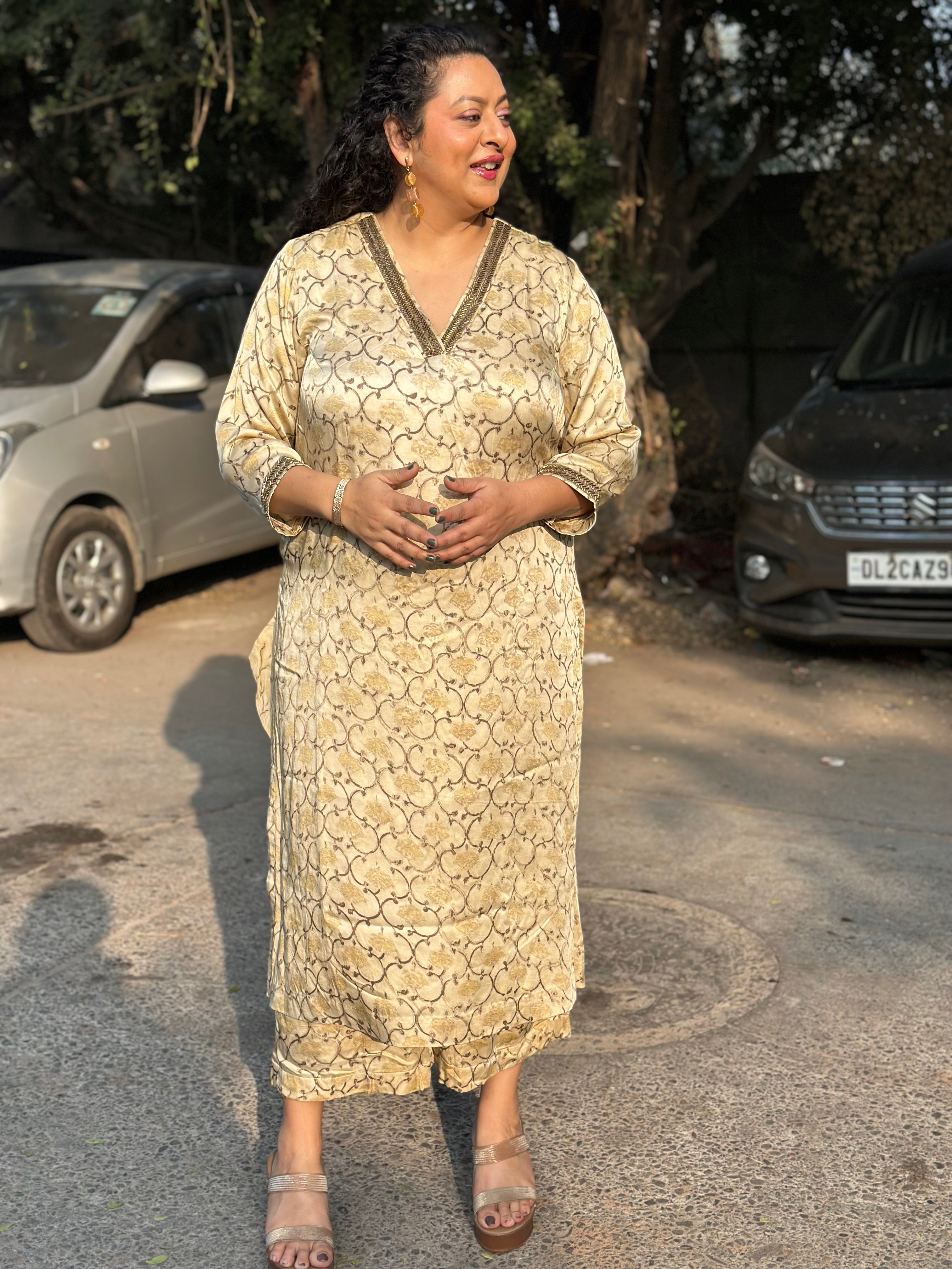 Beige  Ajrakh Modal Silk Hand block Print Kurta Pant Set