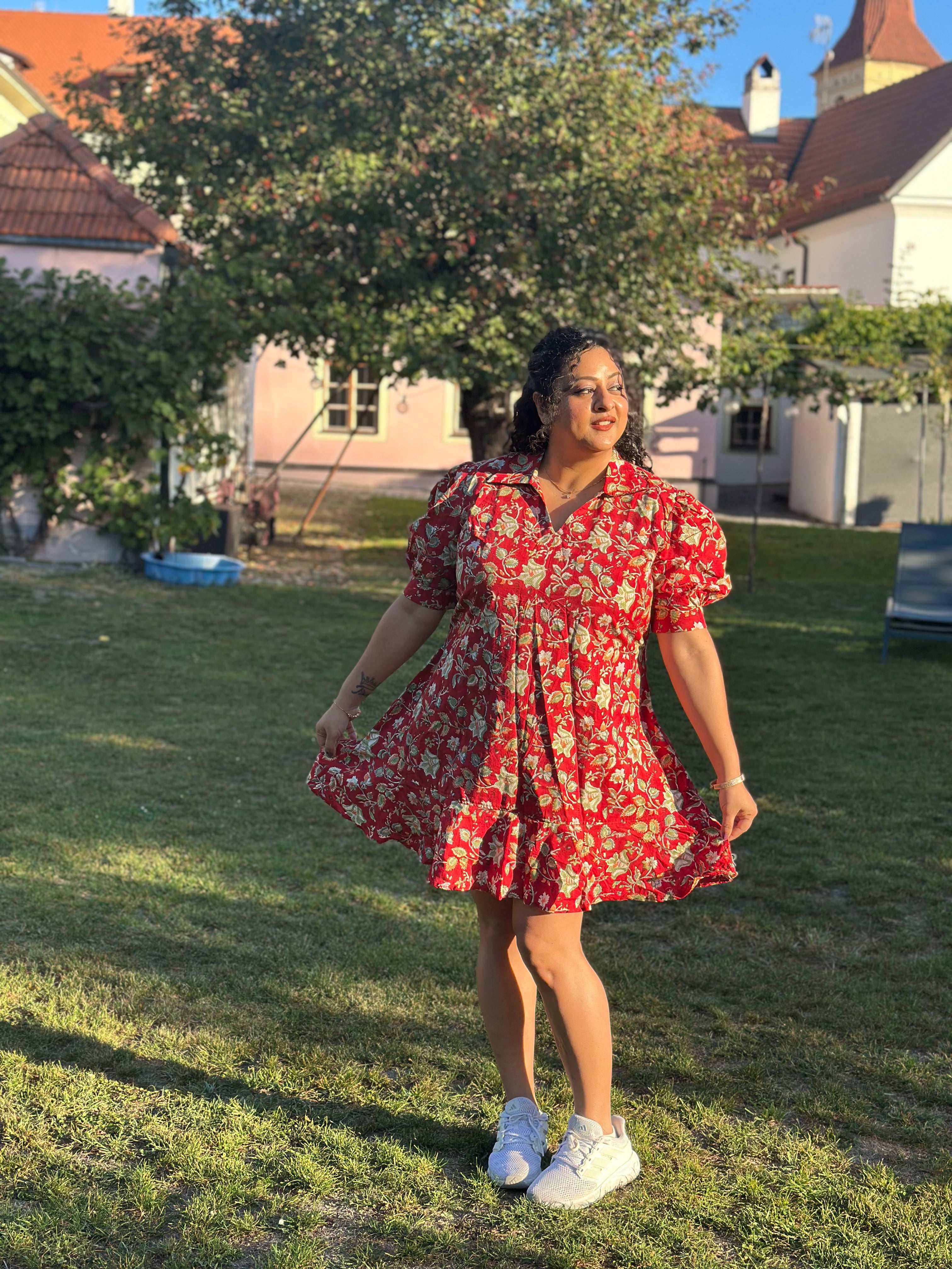 Ruby Reverie: Red Sanganeri Handblock Print Dress