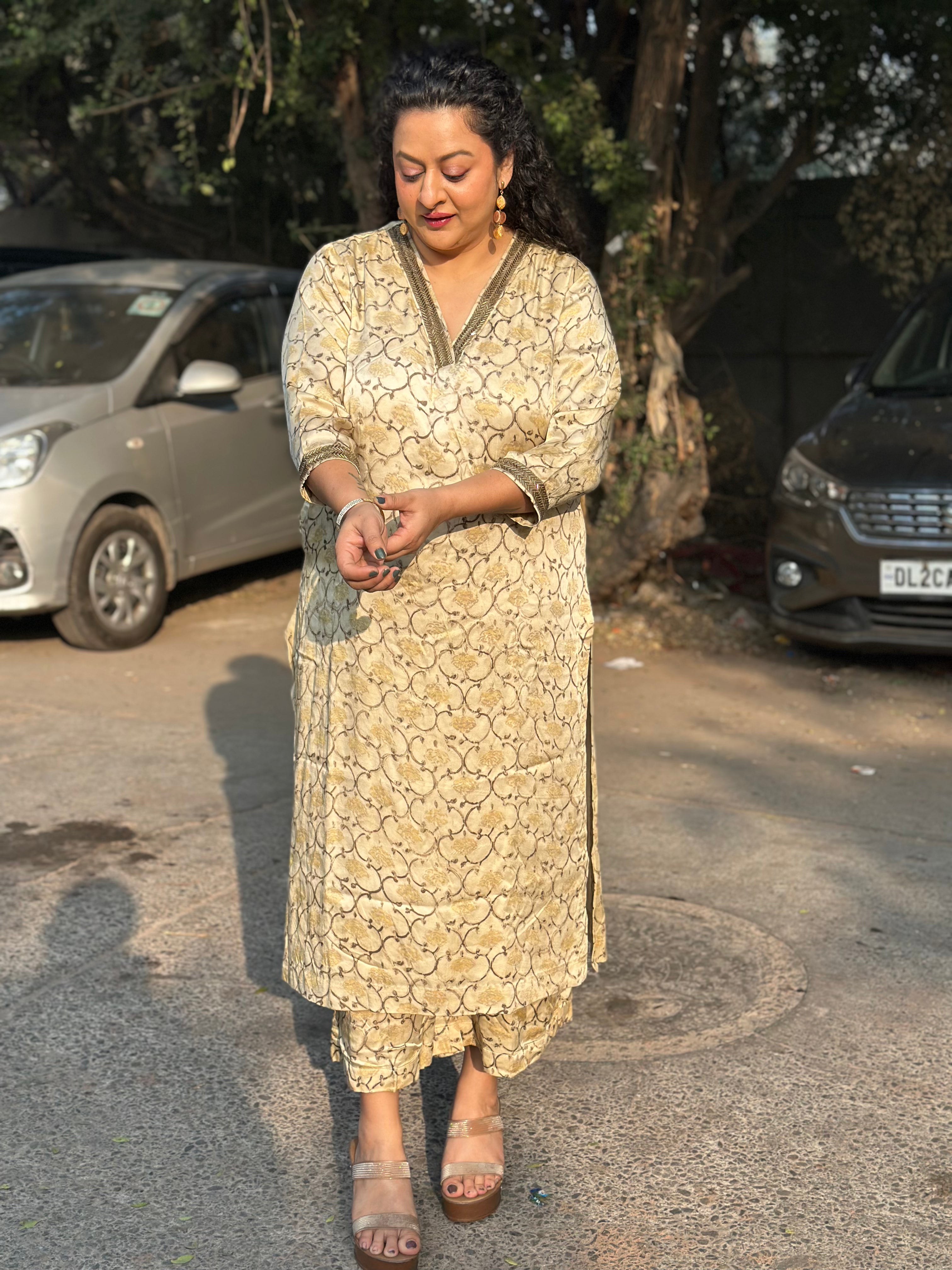 Beige  Ajrakh Modal Silk Hand block Print Kurta Pant Set