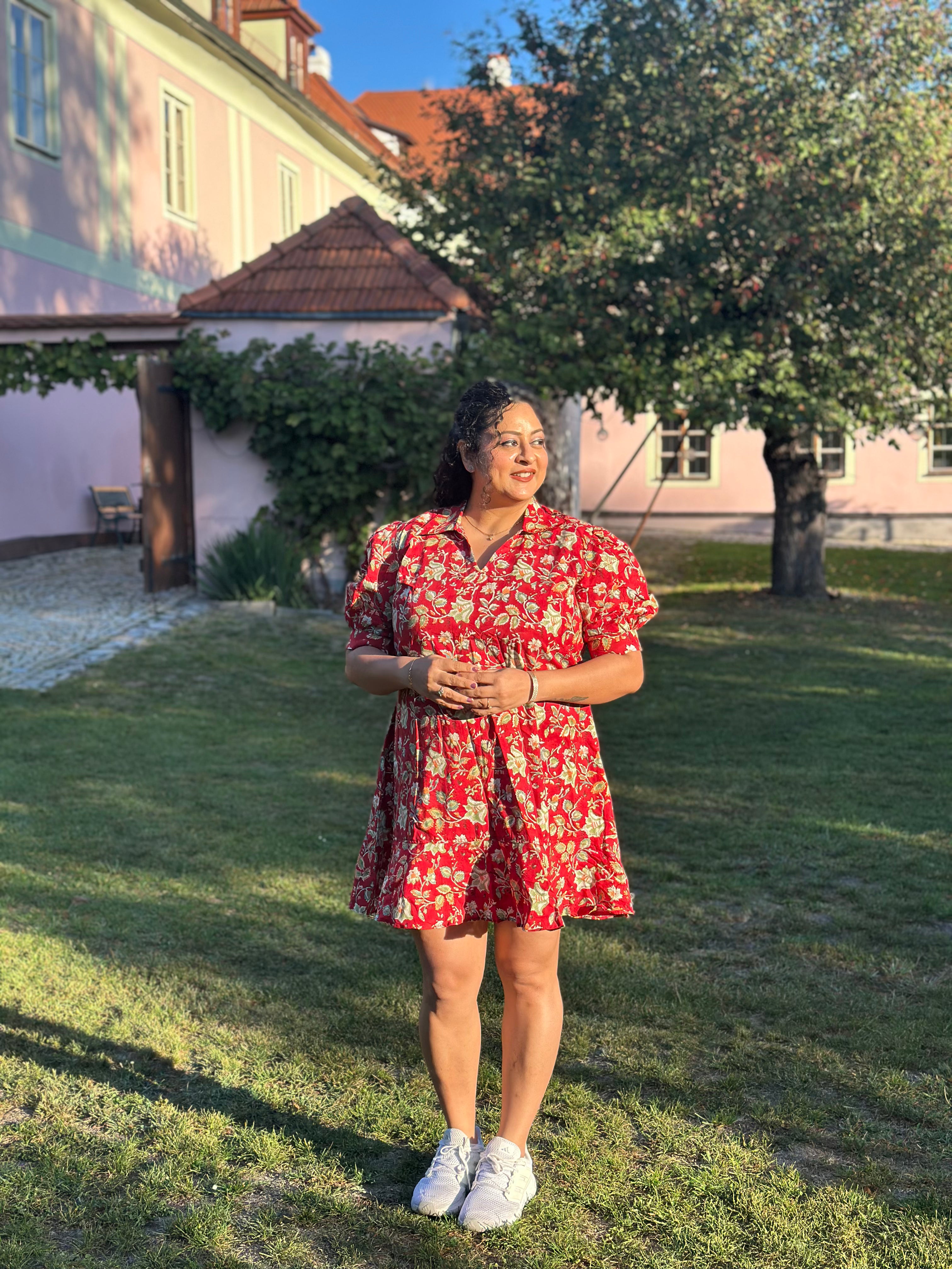 Ruby Reverie: Red Sanganeri Handblock Print Dress