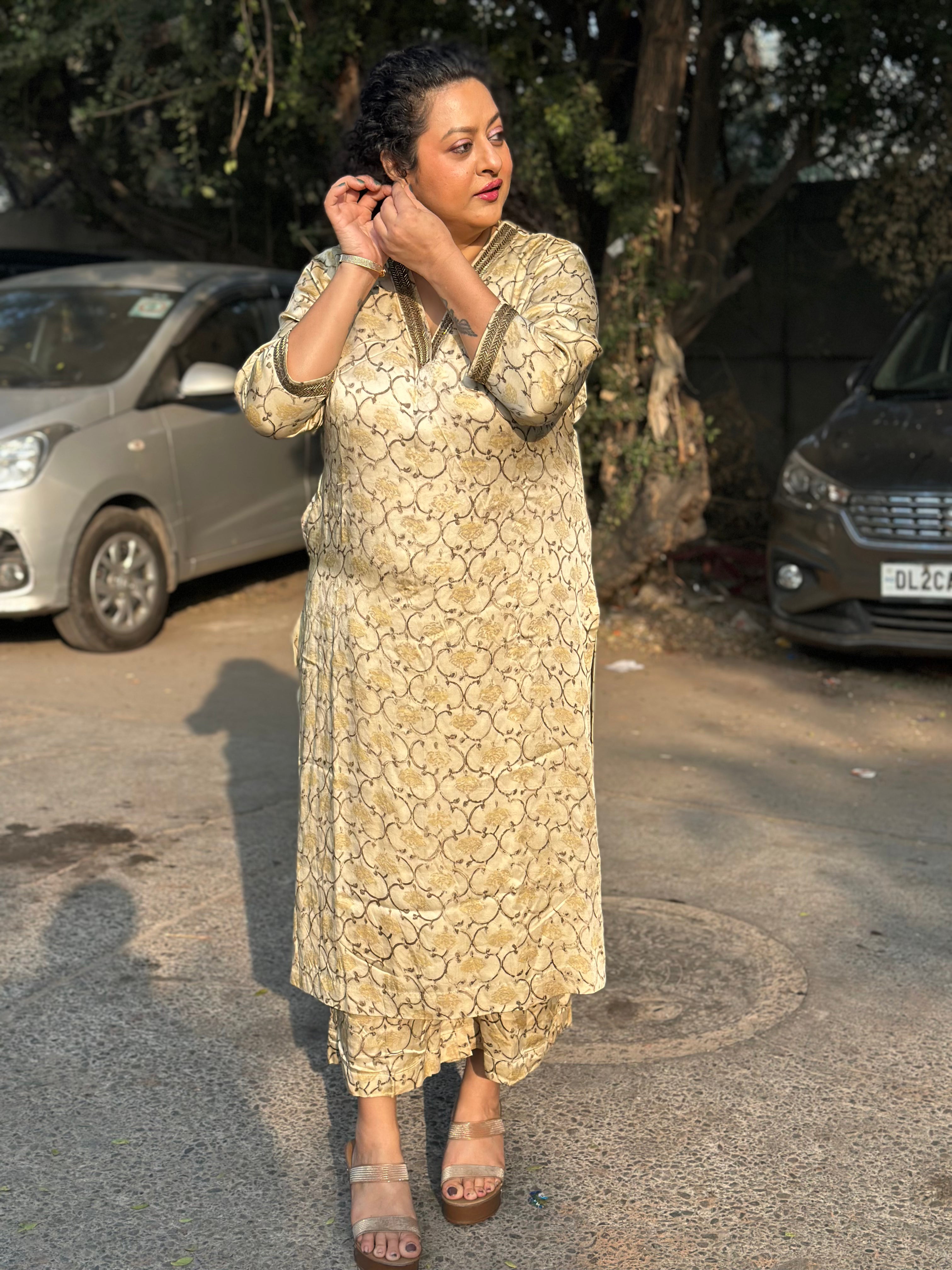 Beige  Ajrakh Modal Silk Hand block Print Kurta Pant Set