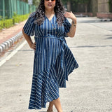 Indigo Dabu Stripe  Handblock Printed Assymetric Dress