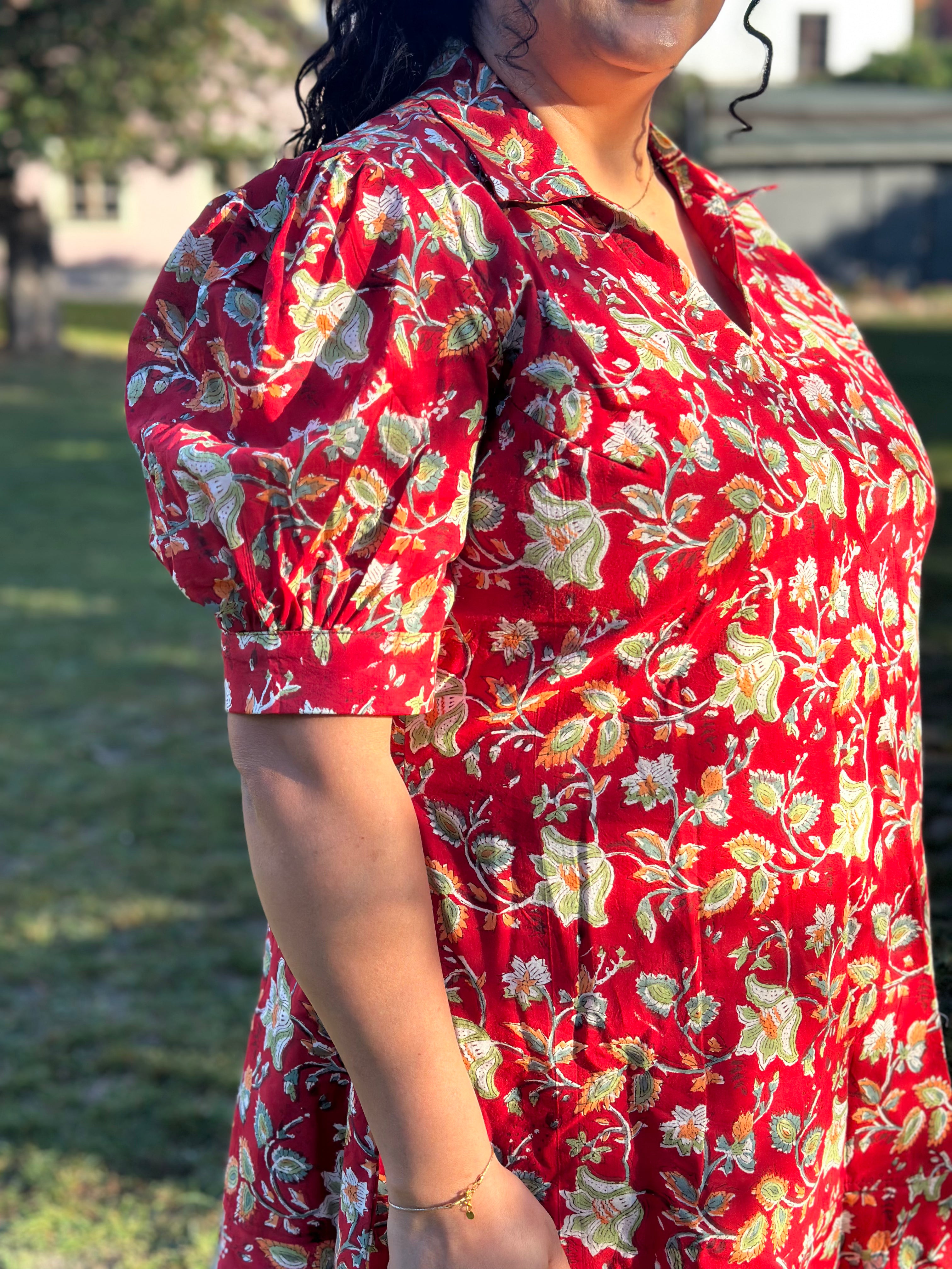 Ruby Reverie: Red Sanganeri Handblock Print Dress