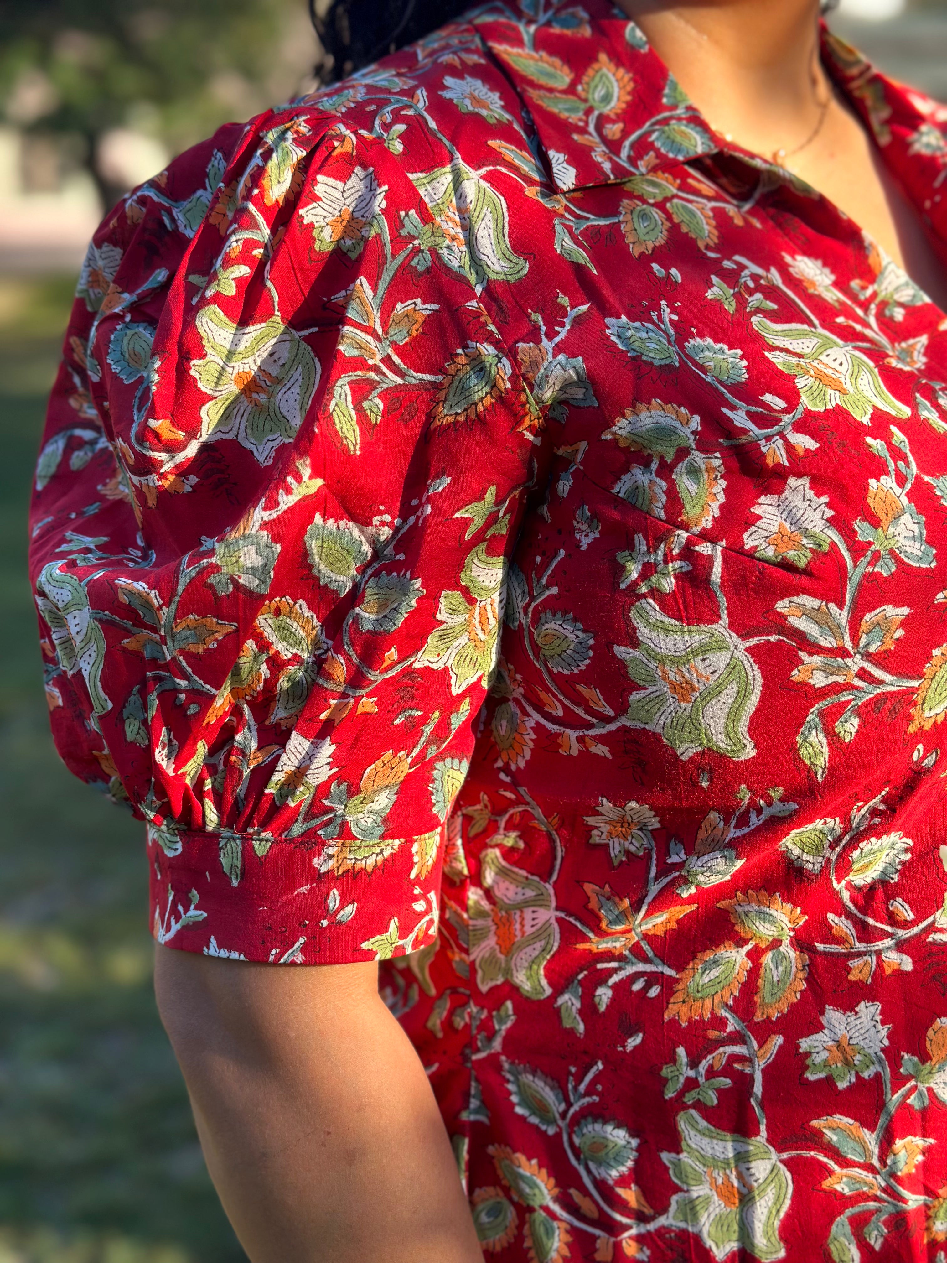 Ruby Reverie: Red Sanganeri Handblock Print Dress