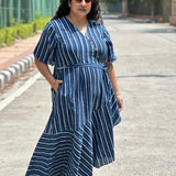 Indigo Dabu Stripe  Handblock Printed Assymetric Dress