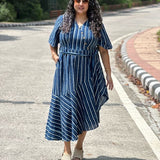 Indigo Dabu Stripe  Handblock Printed Assymetric Dress