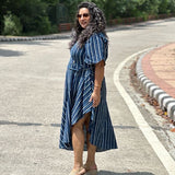 Indigo Dabu Stripe  Handblock Printed Assymetric Dress