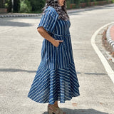 Indigo Dabu Stripe  Handblock Printed Assymetric Dress