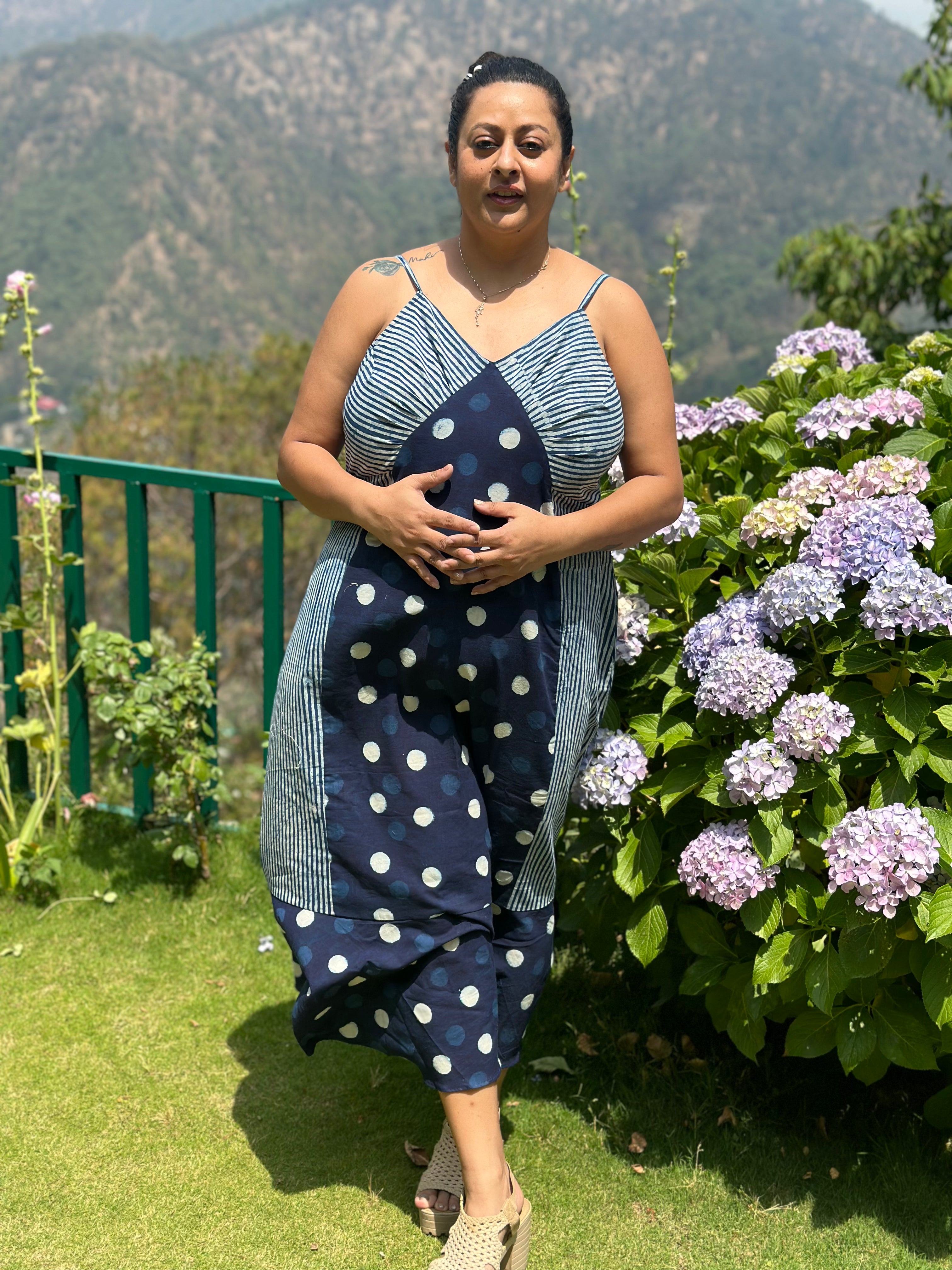 Indigo dabu polka dots & stripes maxi dress with noodle strap