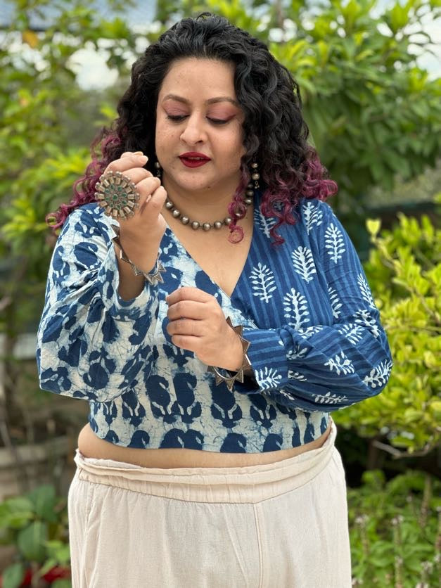 Indigo Dabu Paisley and Stripe Handblock Printed Wrap Top