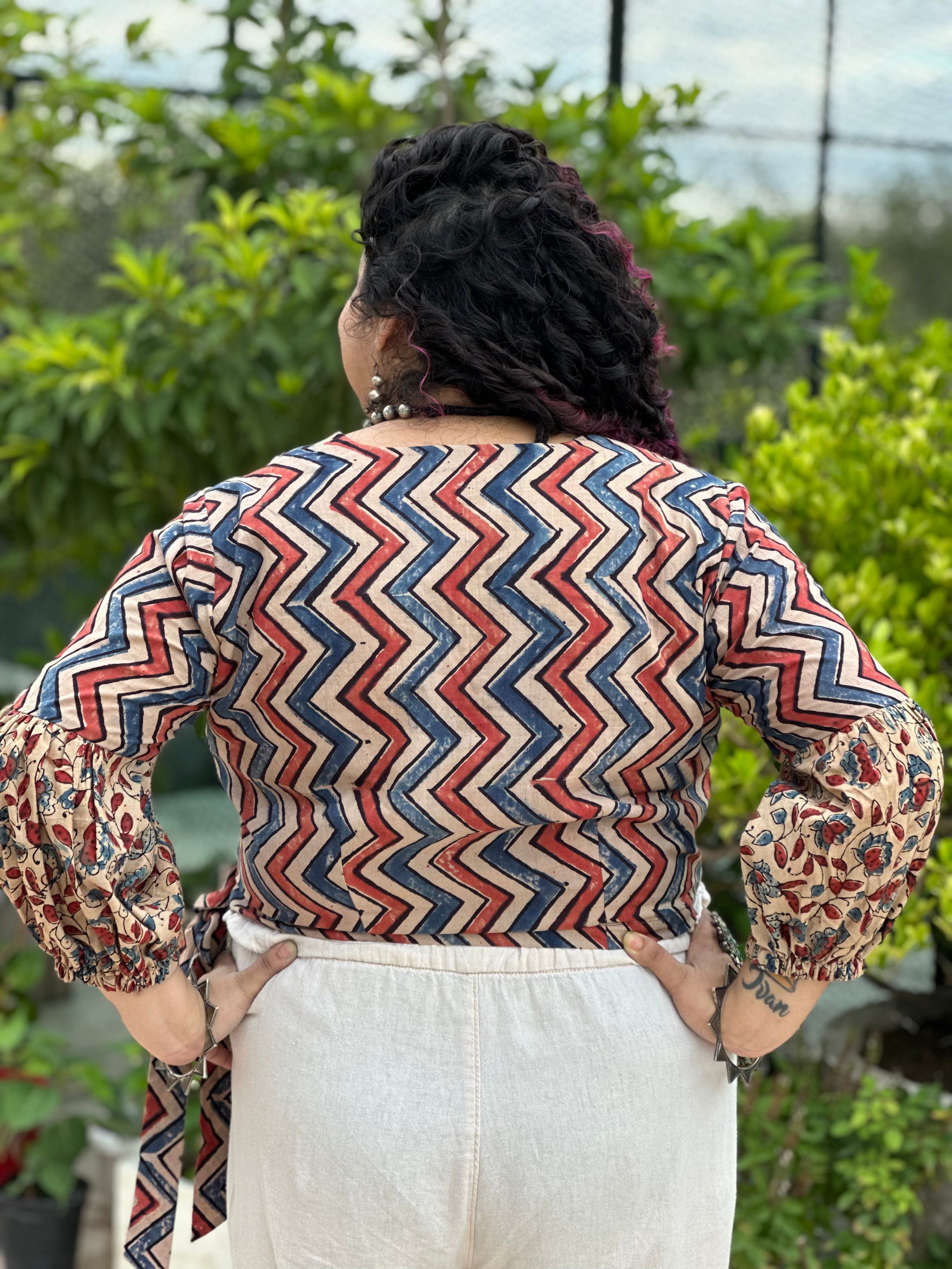 White ajrakh zig zag handblock printed wrap top with floral print sleeves