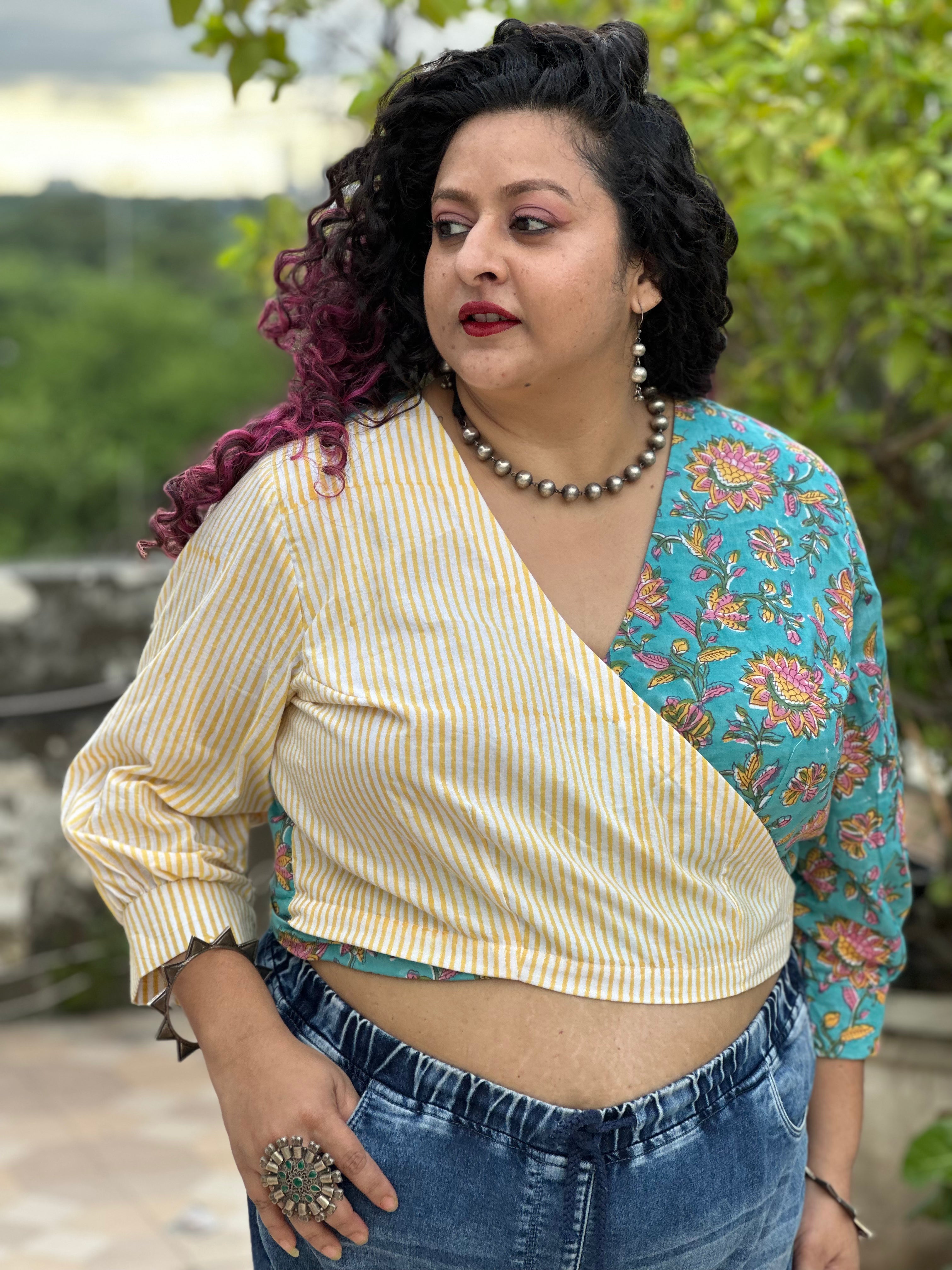 Yellow sanganeri handblock printed half & half wrap top