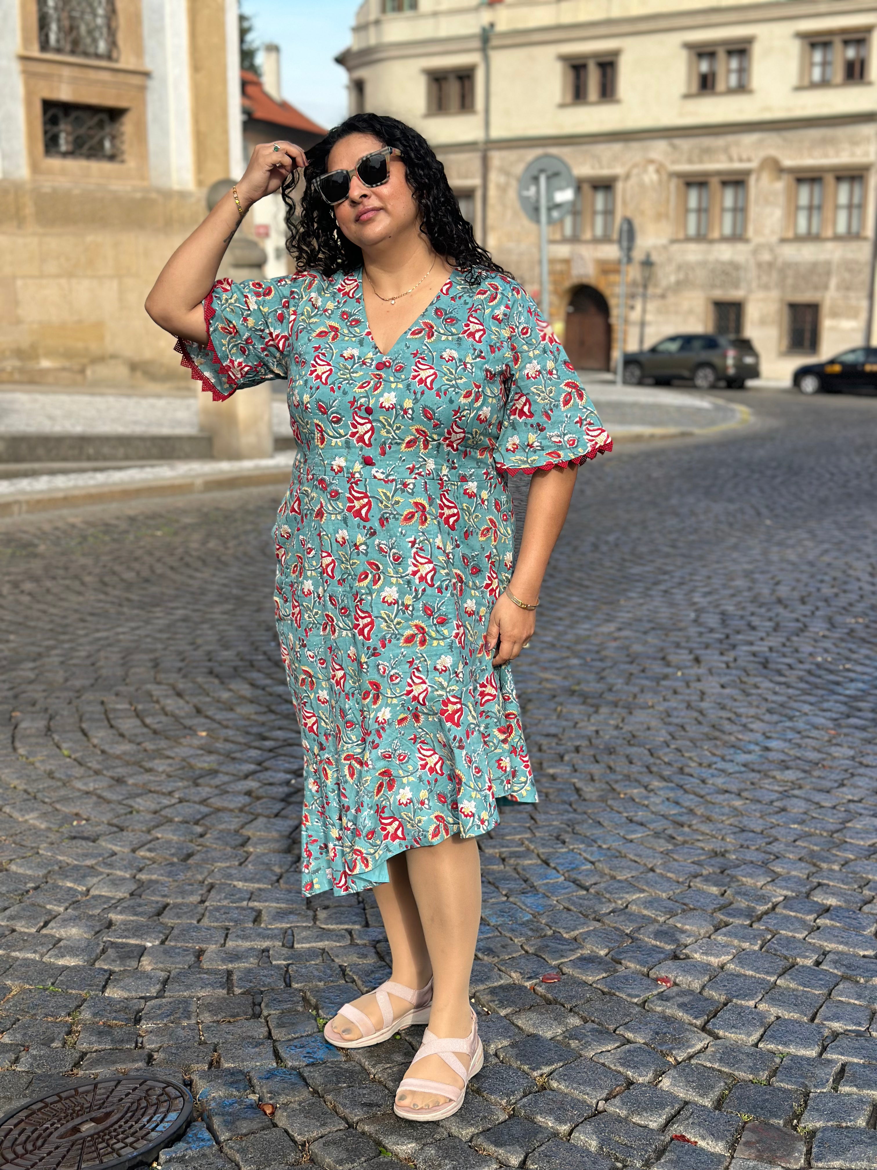 Gulab-E-Teal : Teal & Red Sanganeri Handblock Print Cotton Dress