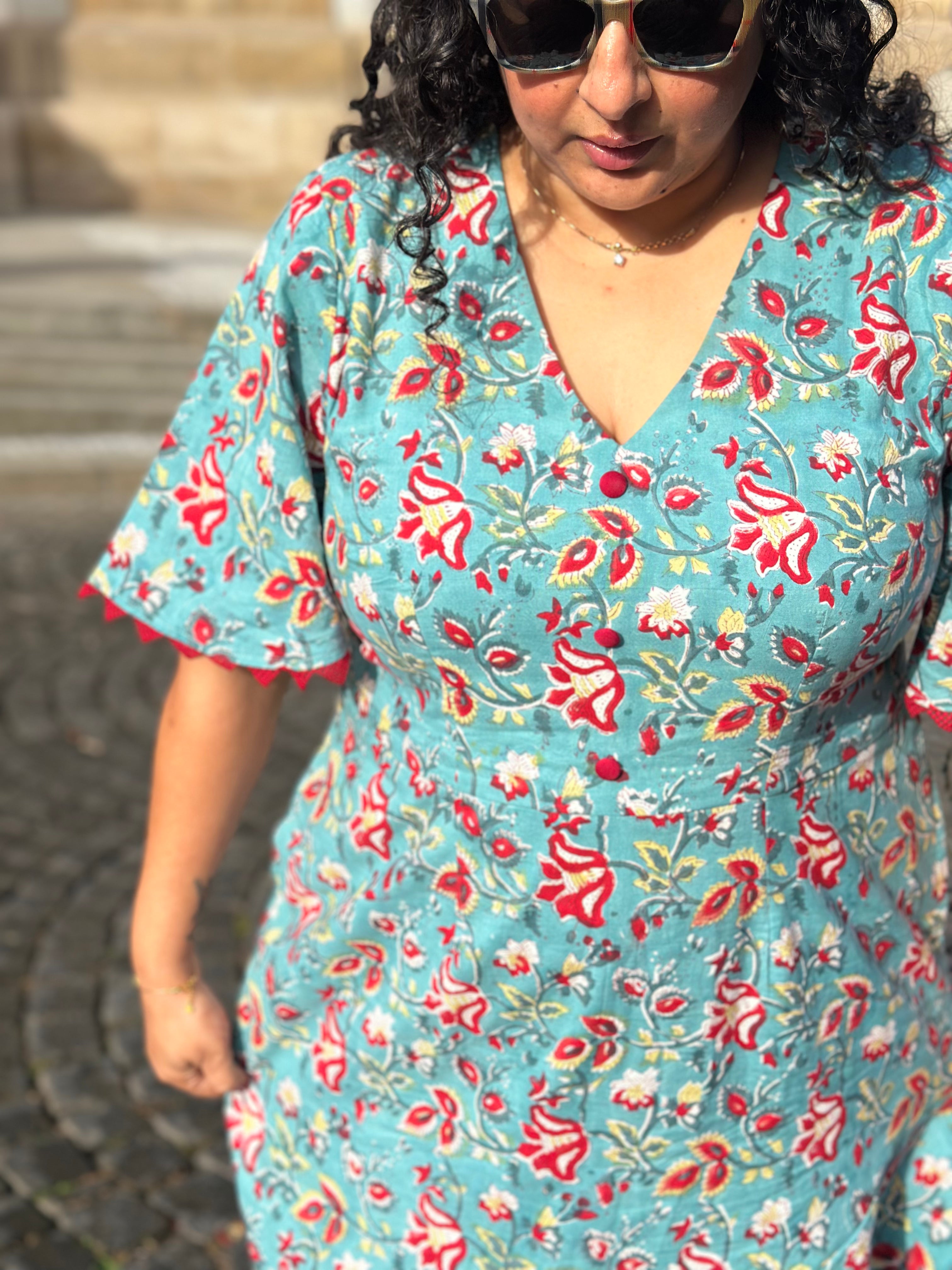 Gulab-E-Teal : Teal & Red Sanganeri Handblock Print Cotton Dress