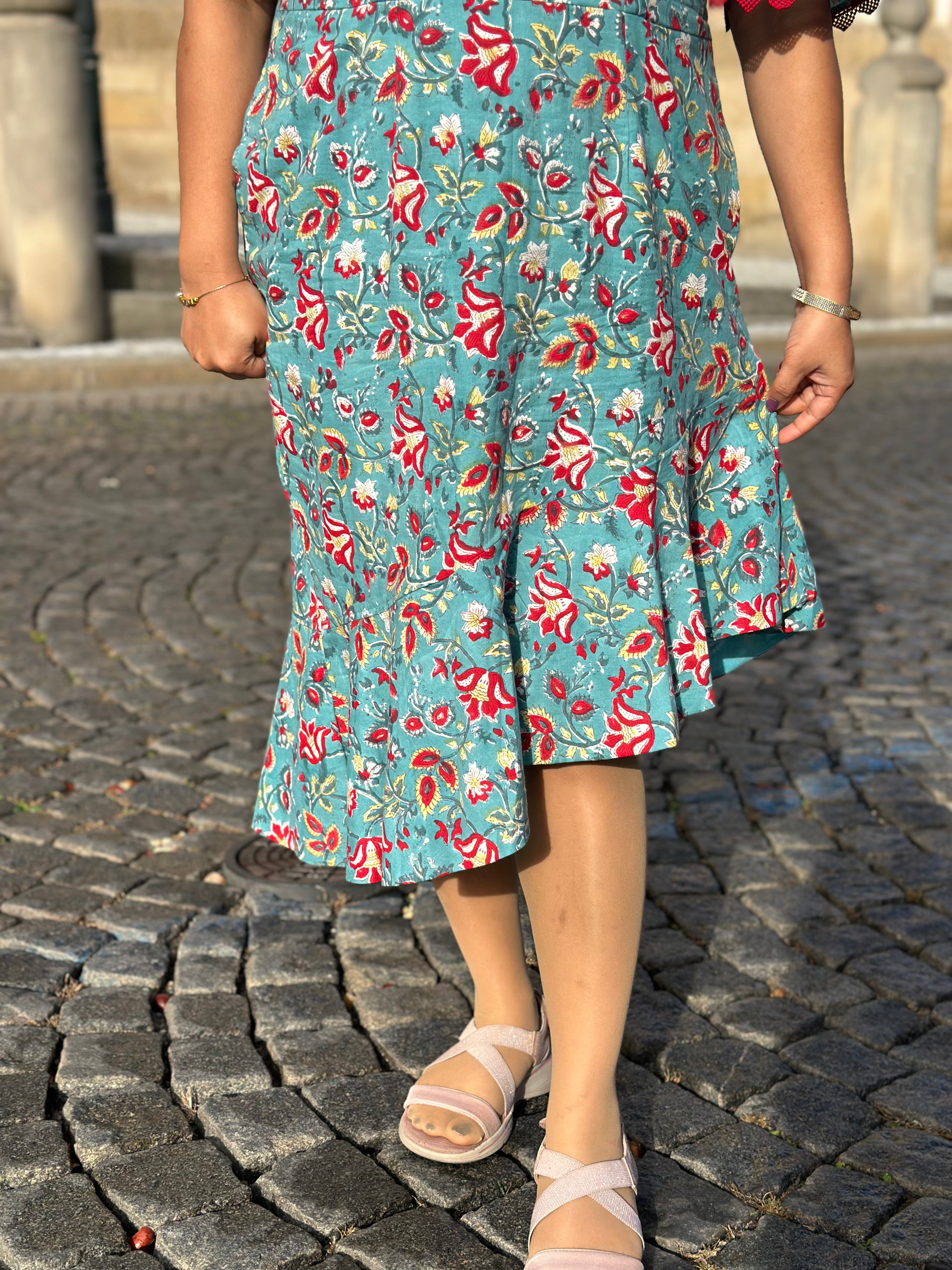 Gulab-E-Teal : Teal & Red Sanganeri Handblock Print Cotton Dress