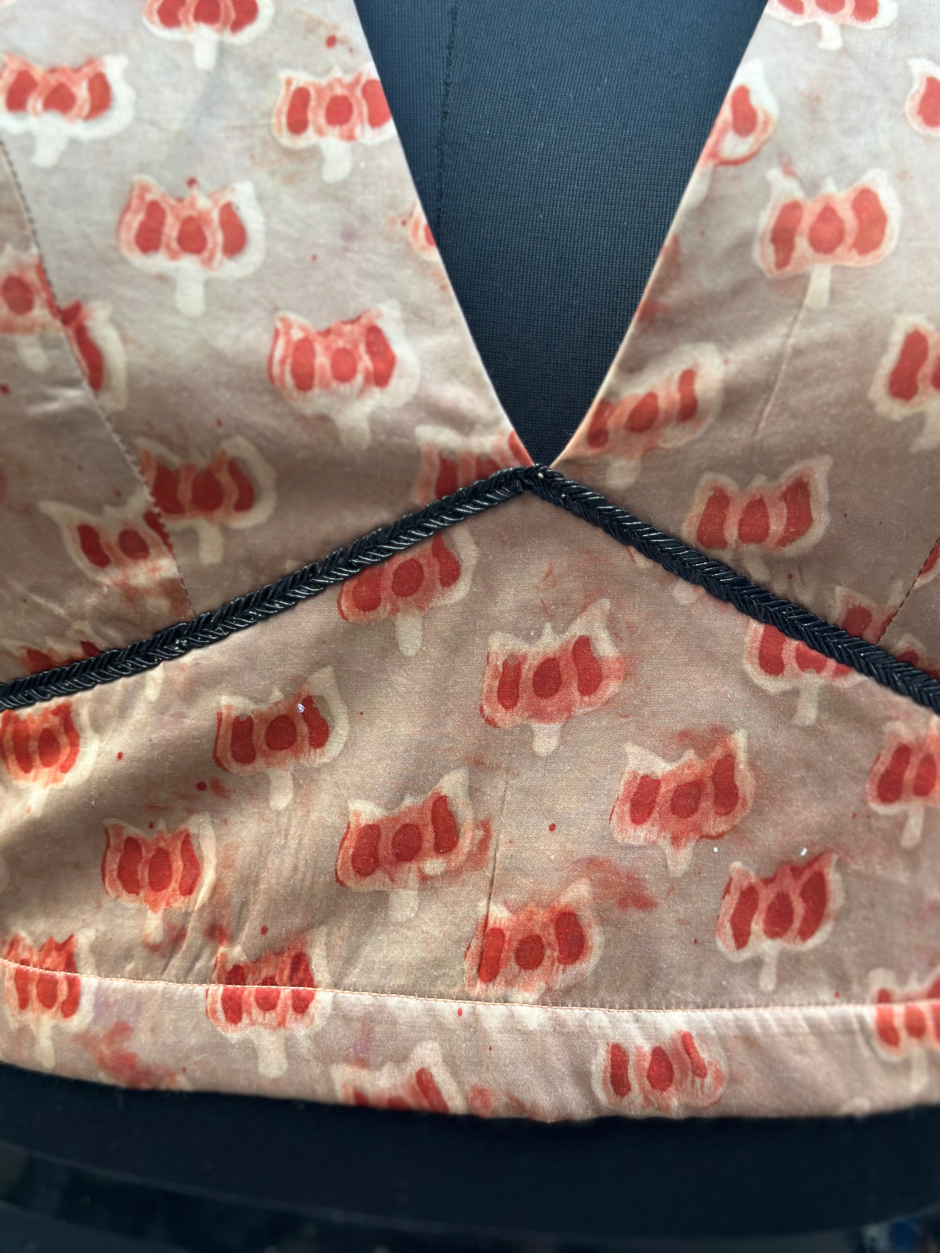 Rust-terracotta lotus motifs vanaspati handblock printed modal satin  deep neck blouse