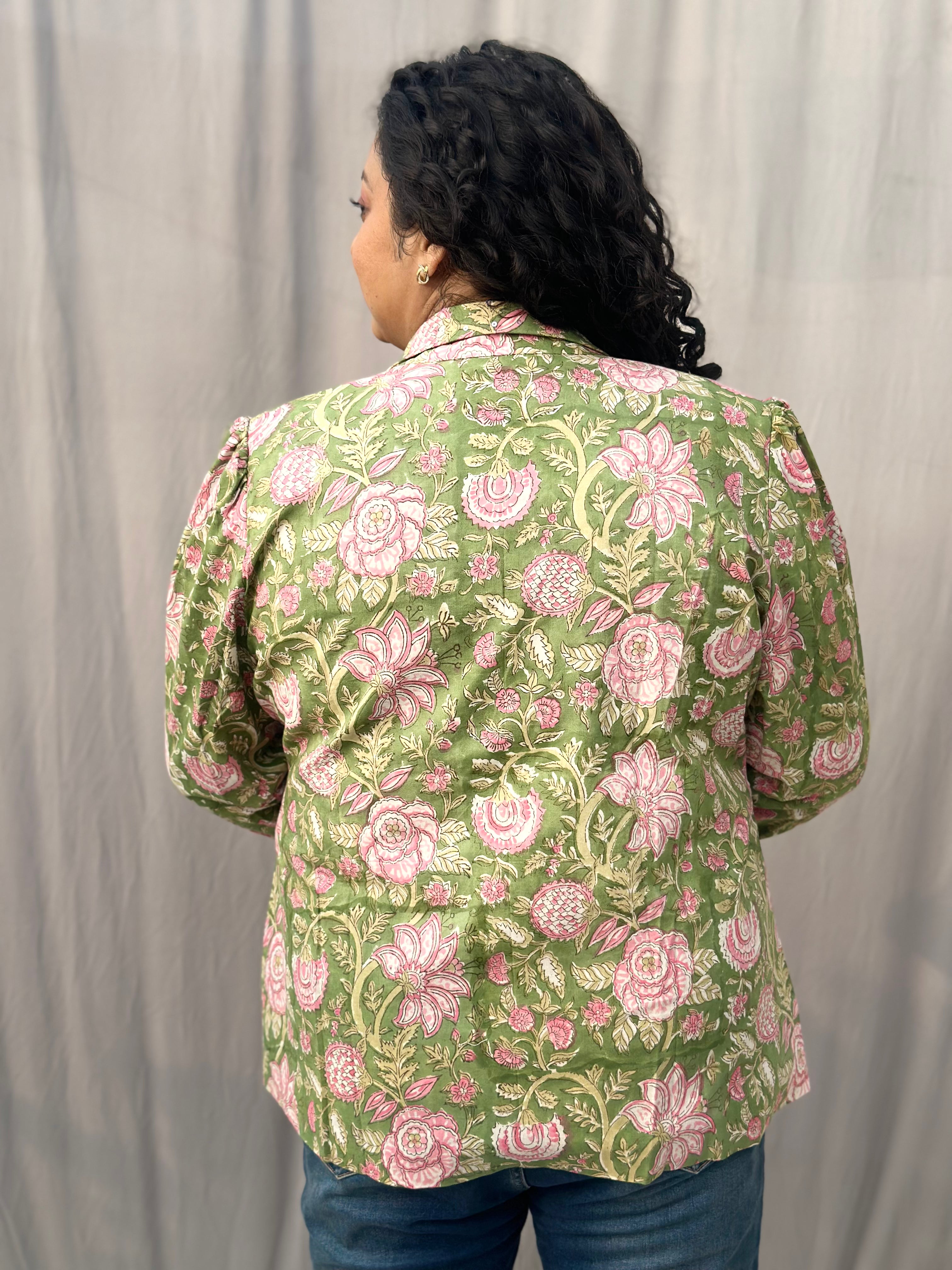 Spring Meadow Blazer- Green Sanganeri Floral Handblock Print Cotton Blazer