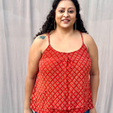 Red Bagru Booti Noodles Strap Modal Cotton Handblock Top