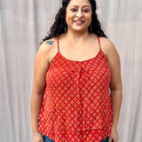 Red Bagru Booti Noodles Strap Modal Cotton Handblock Top