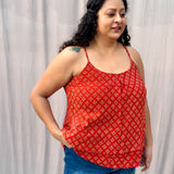 Red Bagru Booti Noodles Strap Modal Cotton Handblock Top