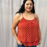 Red Bagru Booti Noodles Strap Modal Cotton Handblock Top
