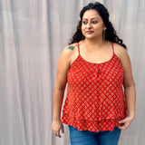 Red Bagru Booti Noodles Strap Modal Cotton Handblock Top