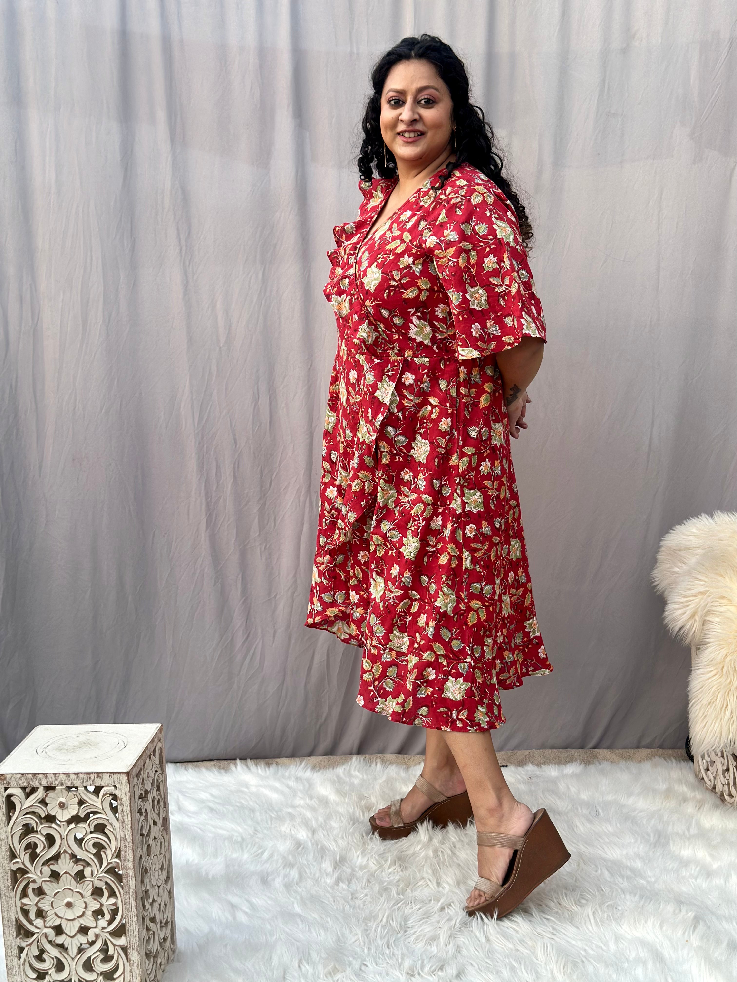 Red Sanganeri Handblock Print Wrap Style Dress