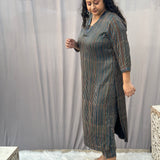 Indigo Ajrakh Stripe Modal Silk Handblock Print Kurta Pant Set