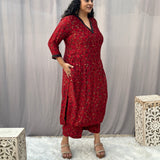 Red Ajrakh Modal Silk Handblock Print Kurta Pant Set