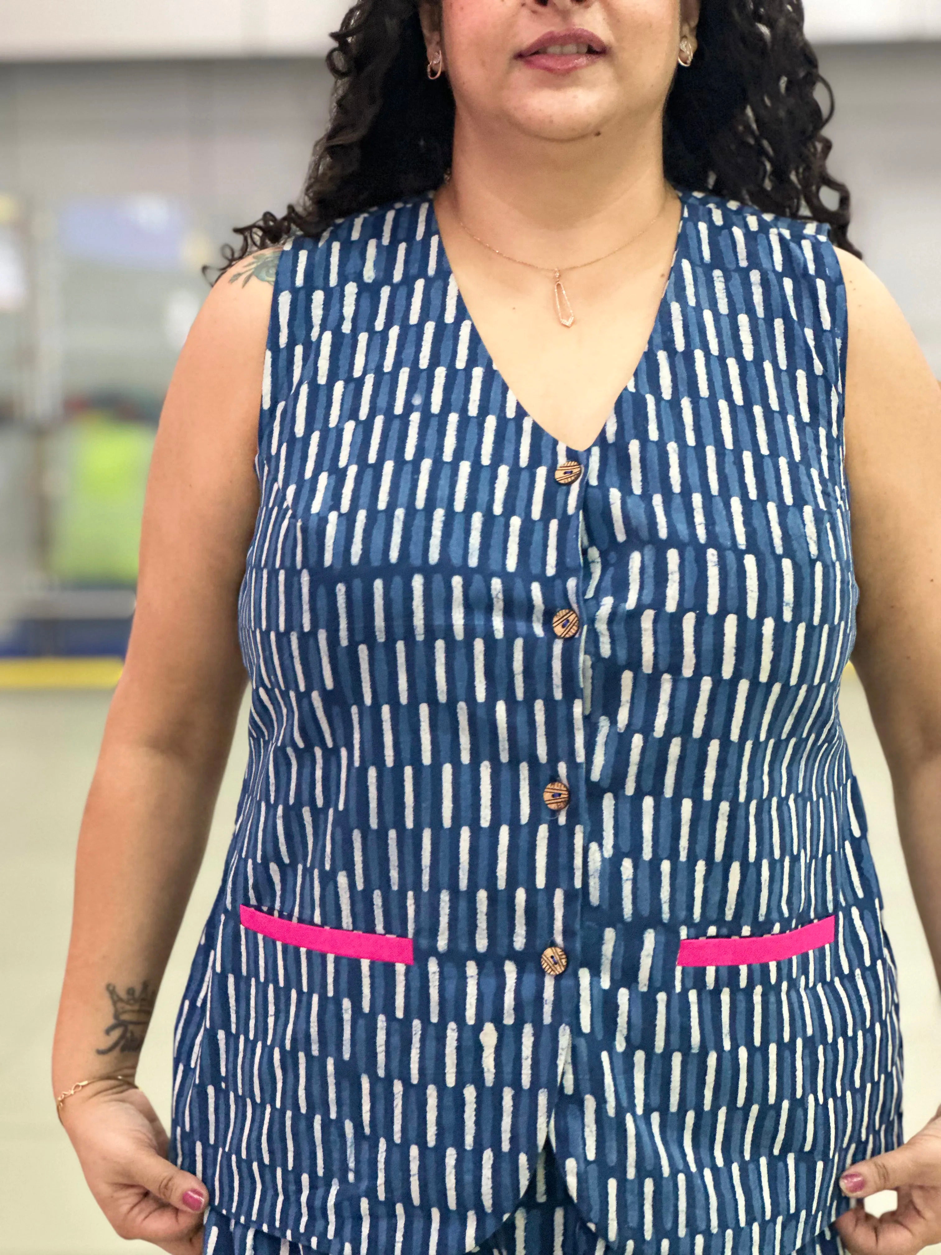 Indigo Nomad - Handblock print cotton Co-ord Set  with Vest and Balloon pants