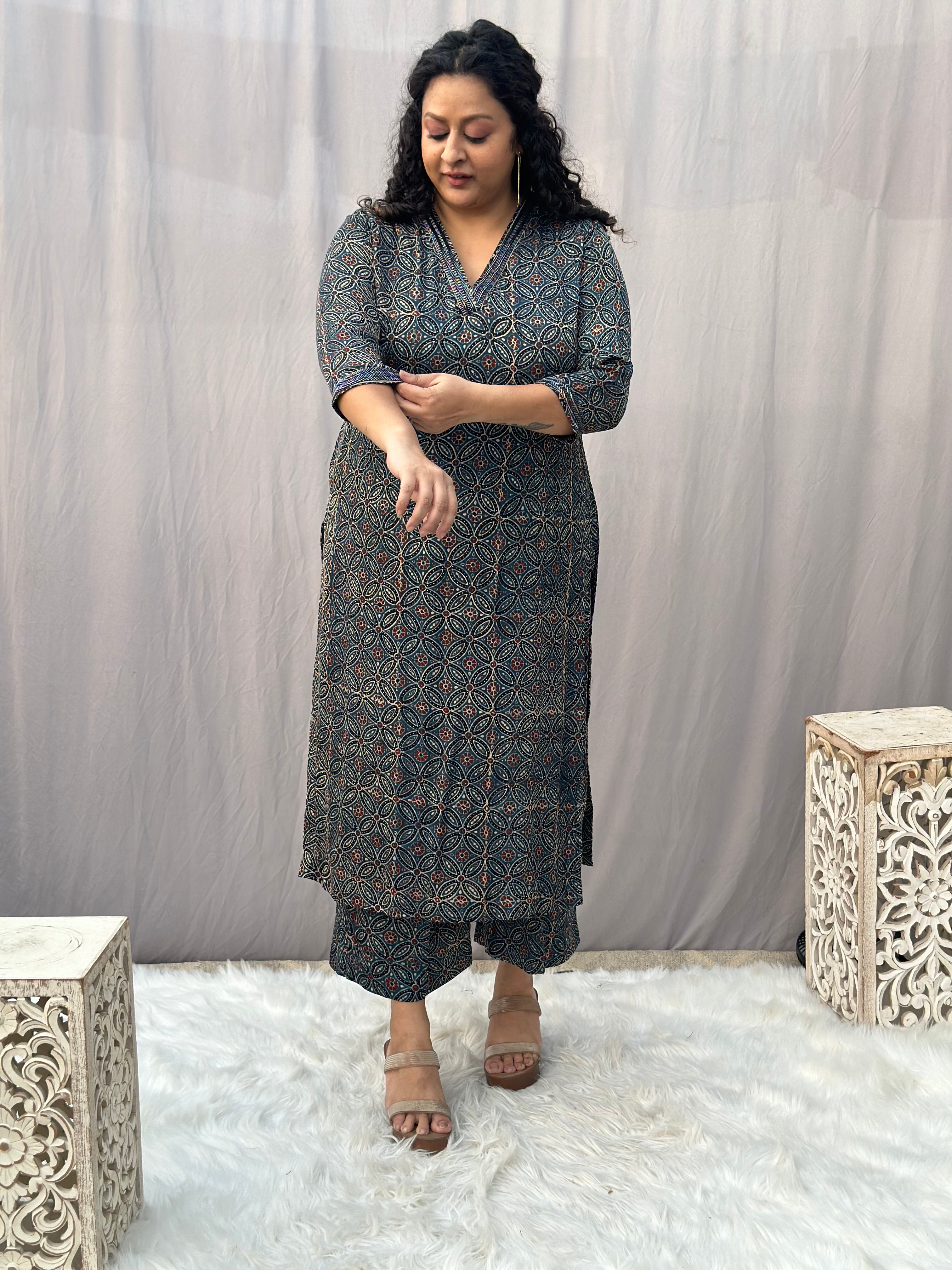 Indigo Ajrakh Floral Modal Silk Handblock Print Kurta Pant Set