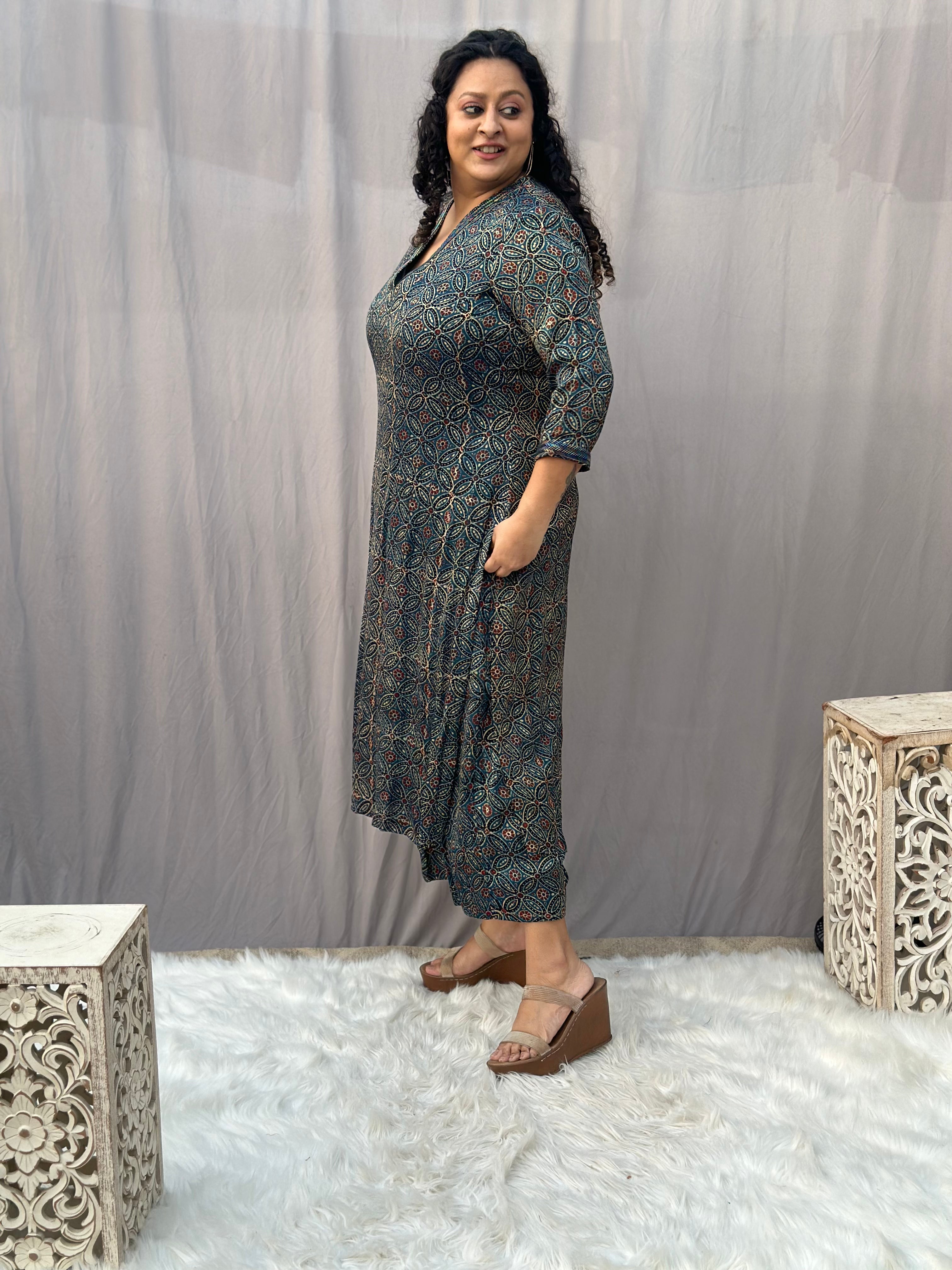 Indigo Ajrakh Floral Modal Silk Handblock Print Kurta Pant Set