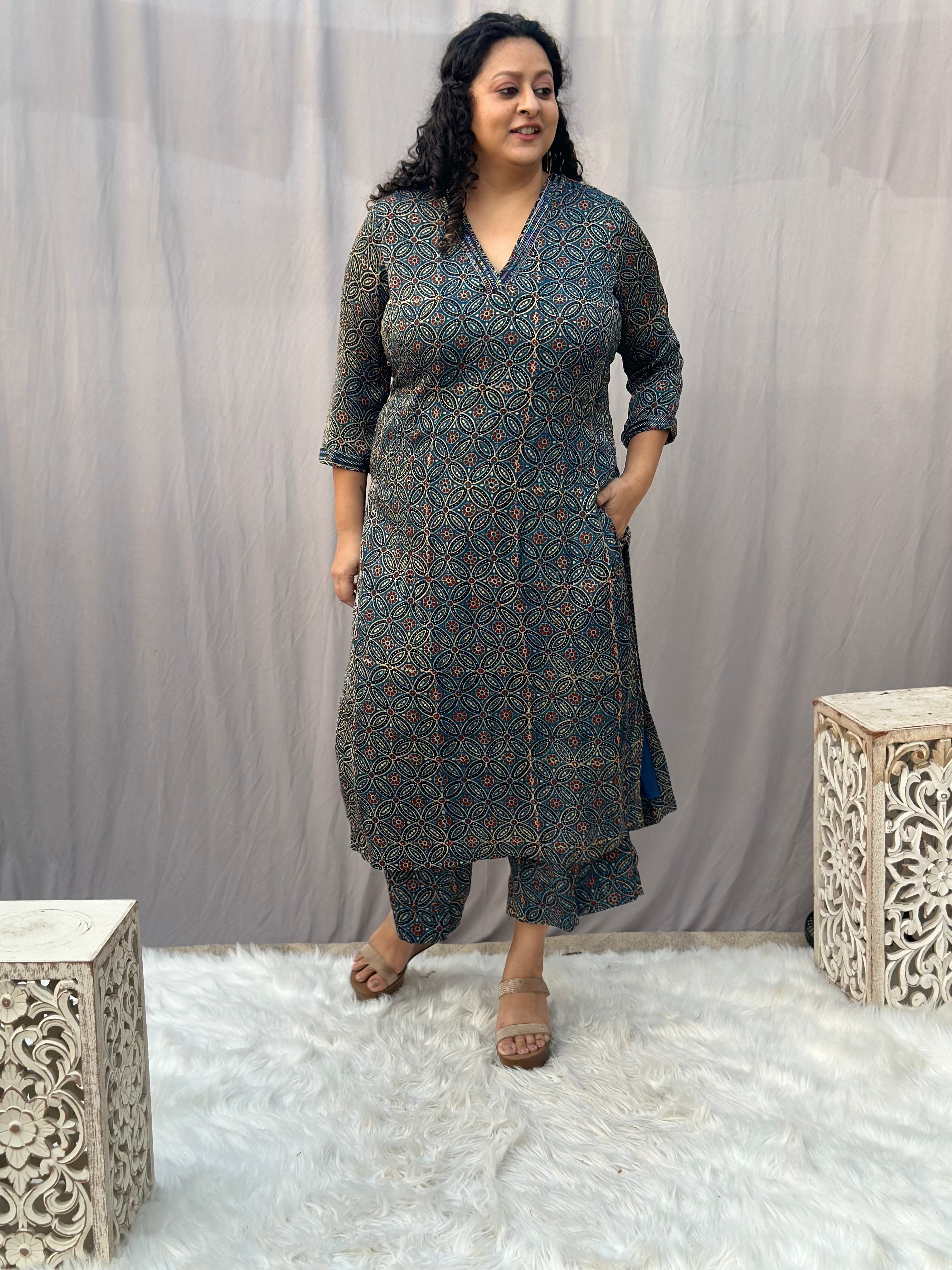 Indigo Ajrakh Floral Modal Silk Handblock Print Kurta Pant Set