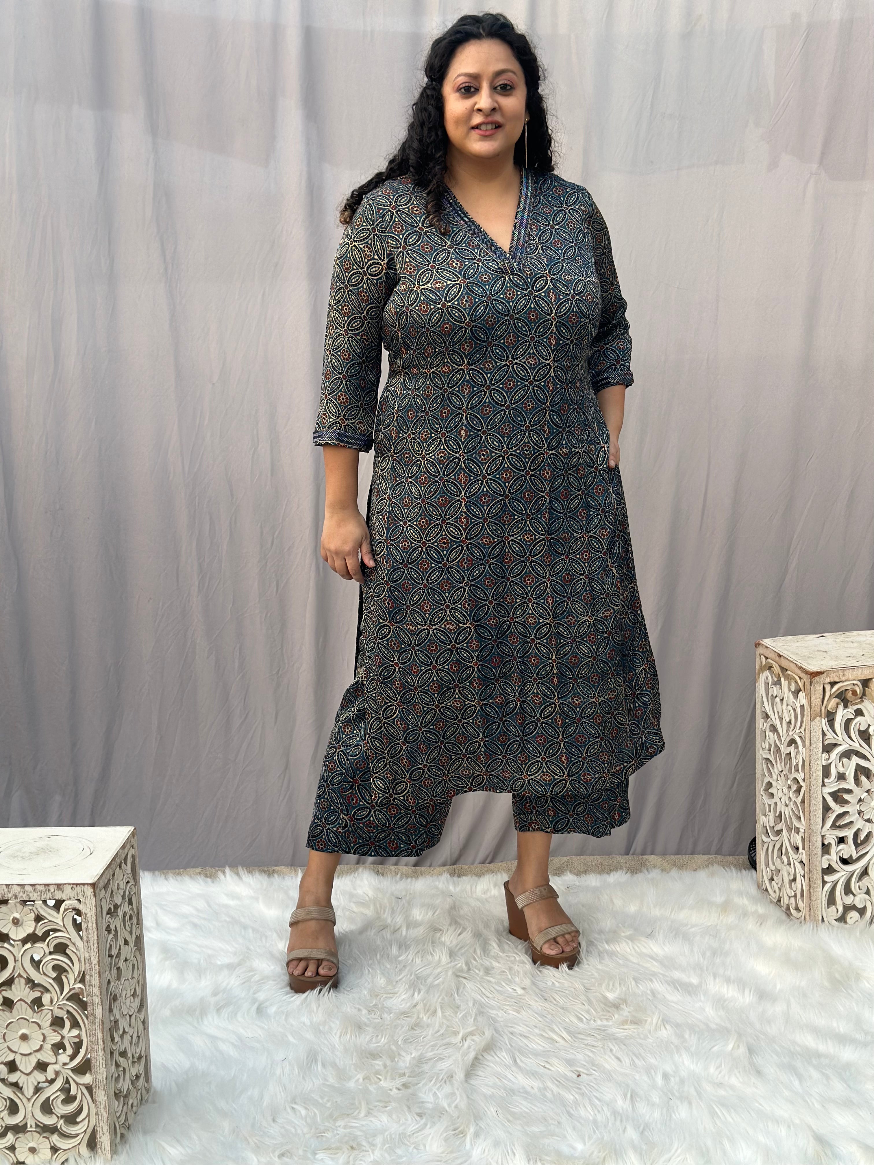 Indigo Ajrakh Floral Modal Silk Handblock Print Kurta Pant Set