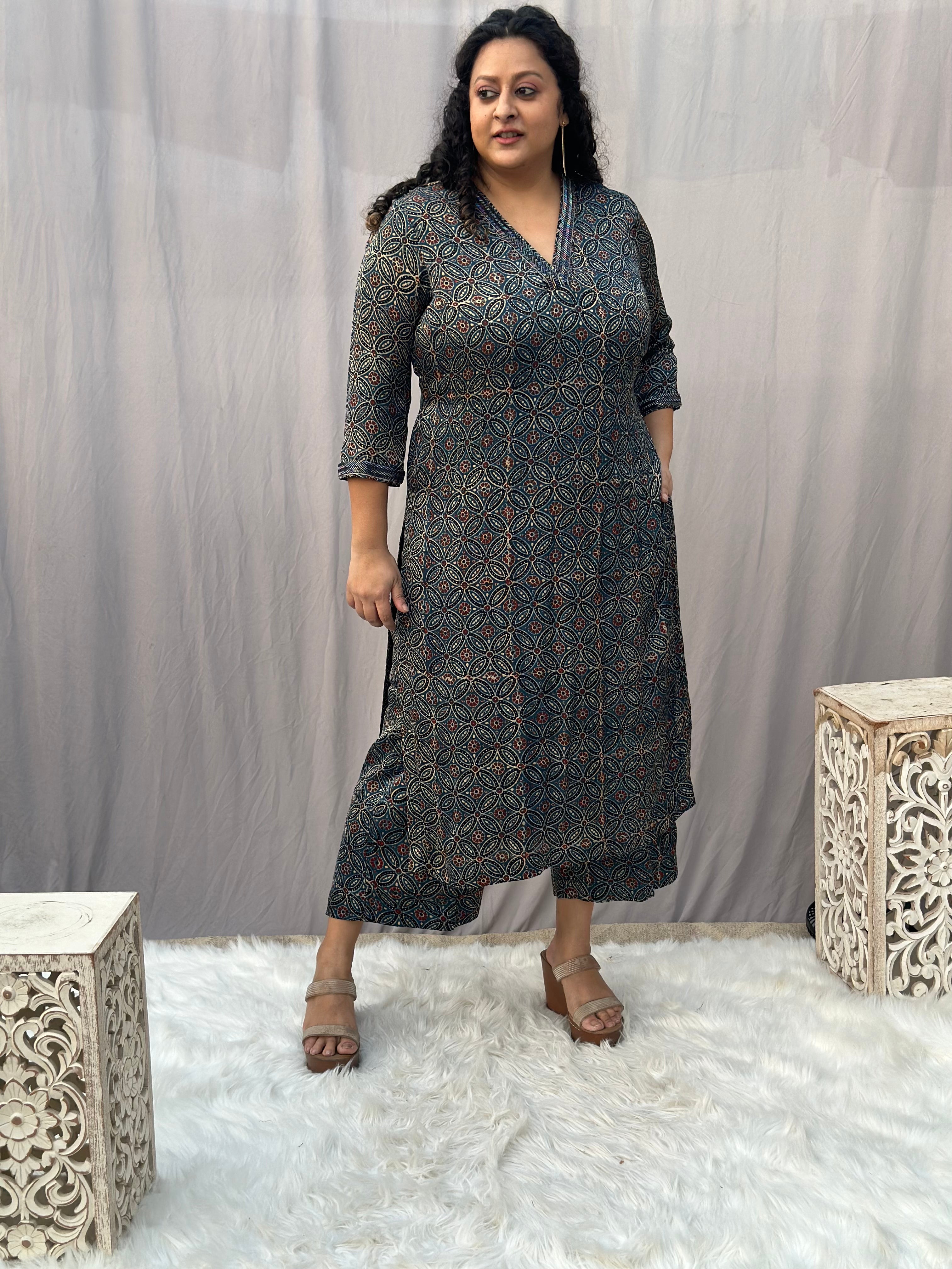 Indigo Ajrakh Floral Modal Silk Handblock Print Kurta Pant Set
