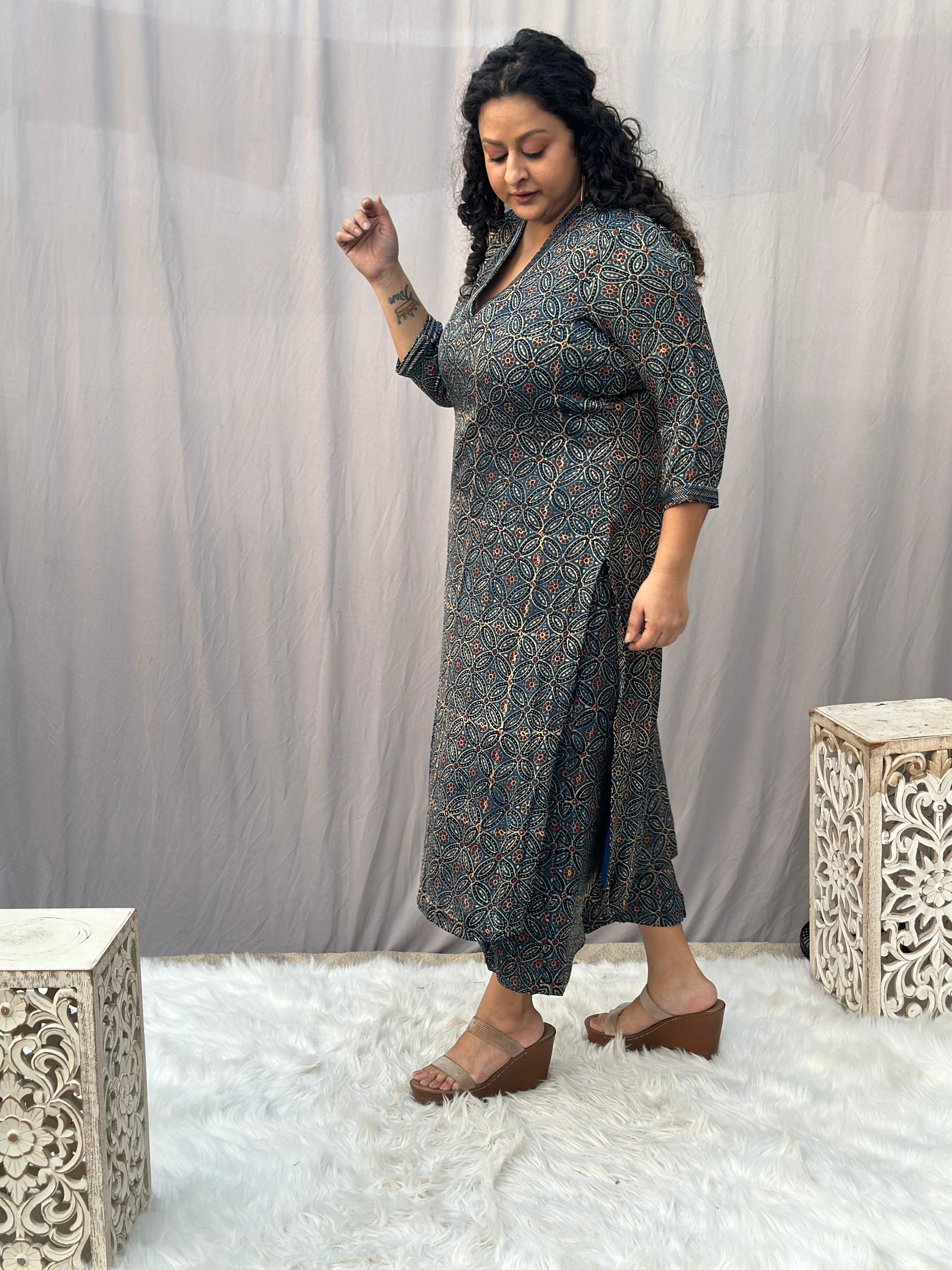 Indigo Ajrakh Floral Modal Silk Handblock Print Kurta Pant Set