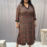 Brown Ajrahk Floral Modal Silk Handblock Print Kurta Pant set