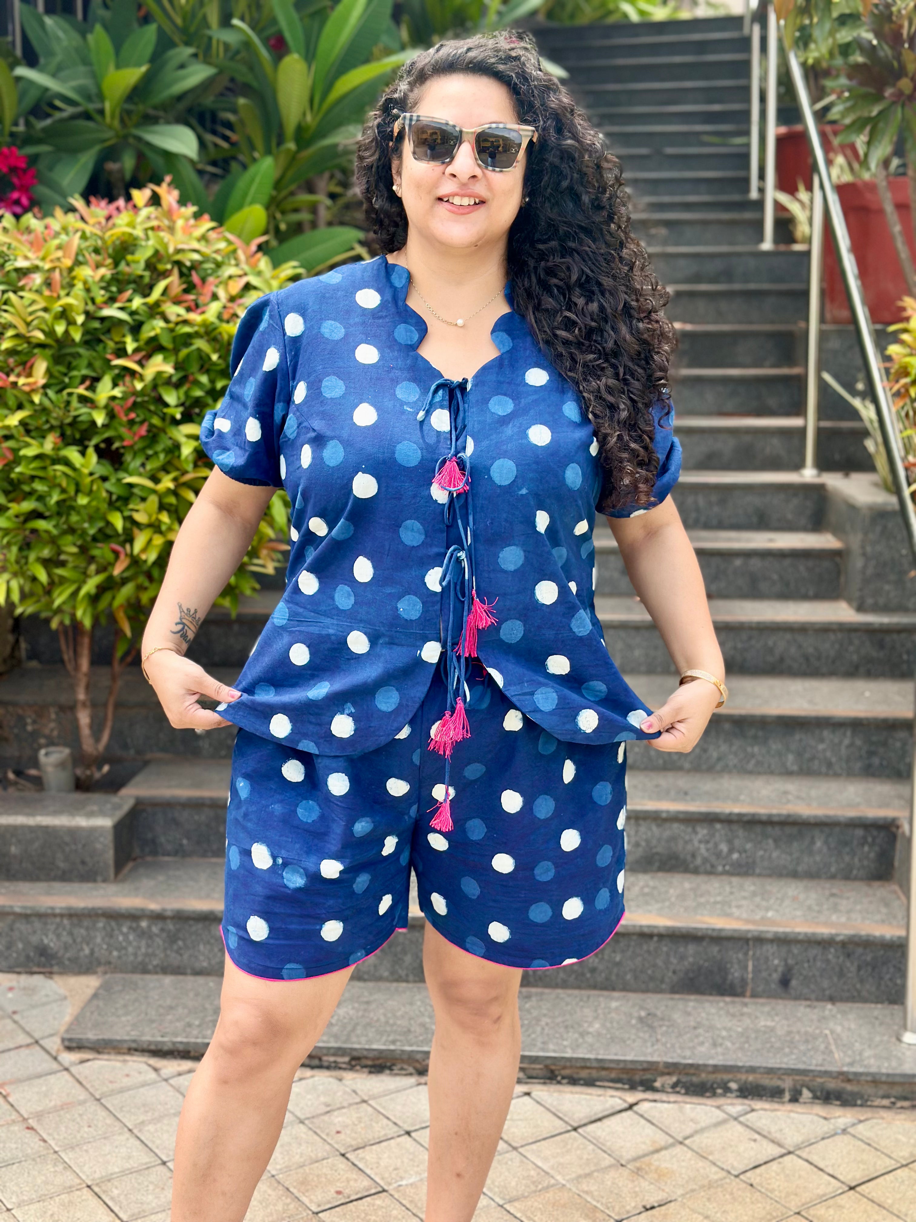 Dotty Bliss : Indigo Dabu Polka Dots Cotton Handblock Print Co-Ord Shorts Set