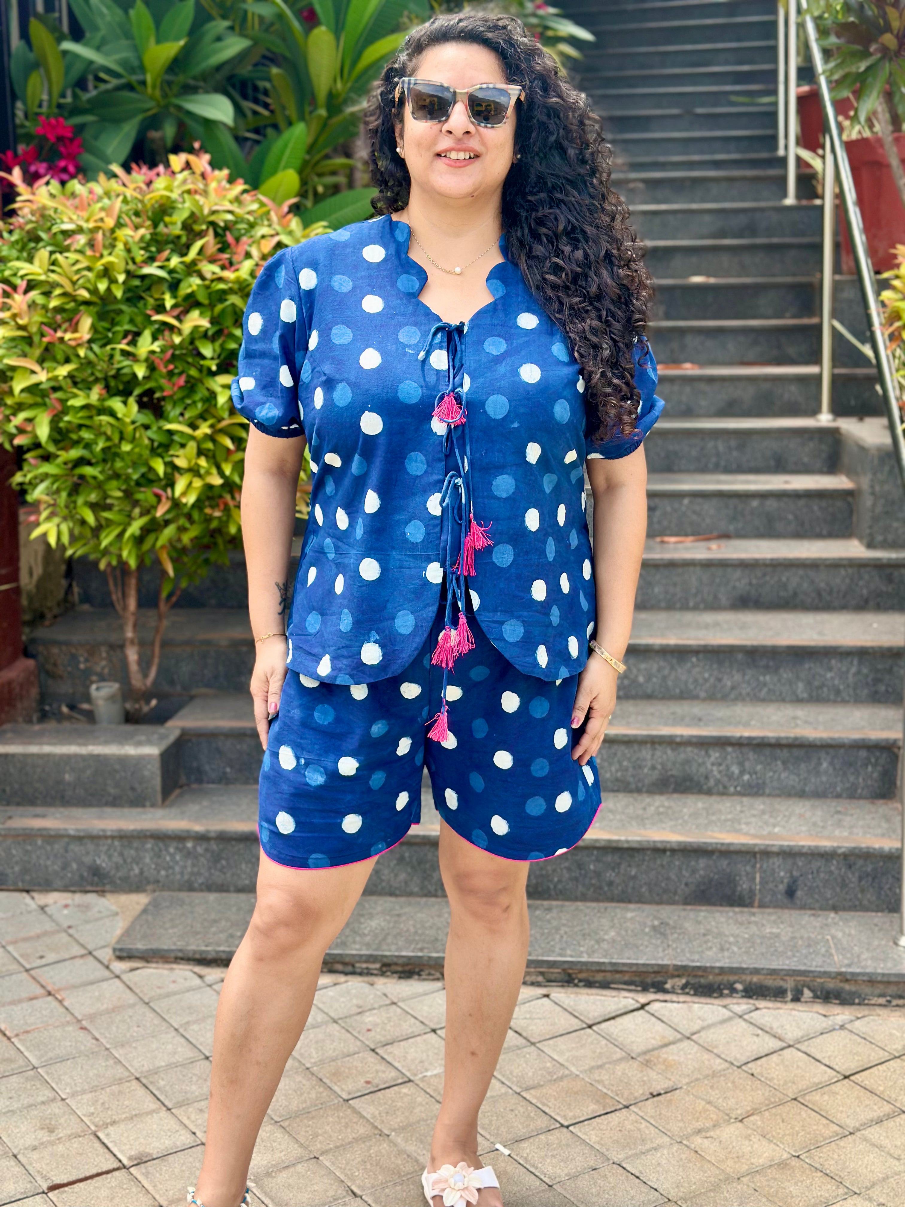 Dotty Bliss : Indigo Dabu Polka Dots Cotton Handblock Print Co-Ord Shorts Set