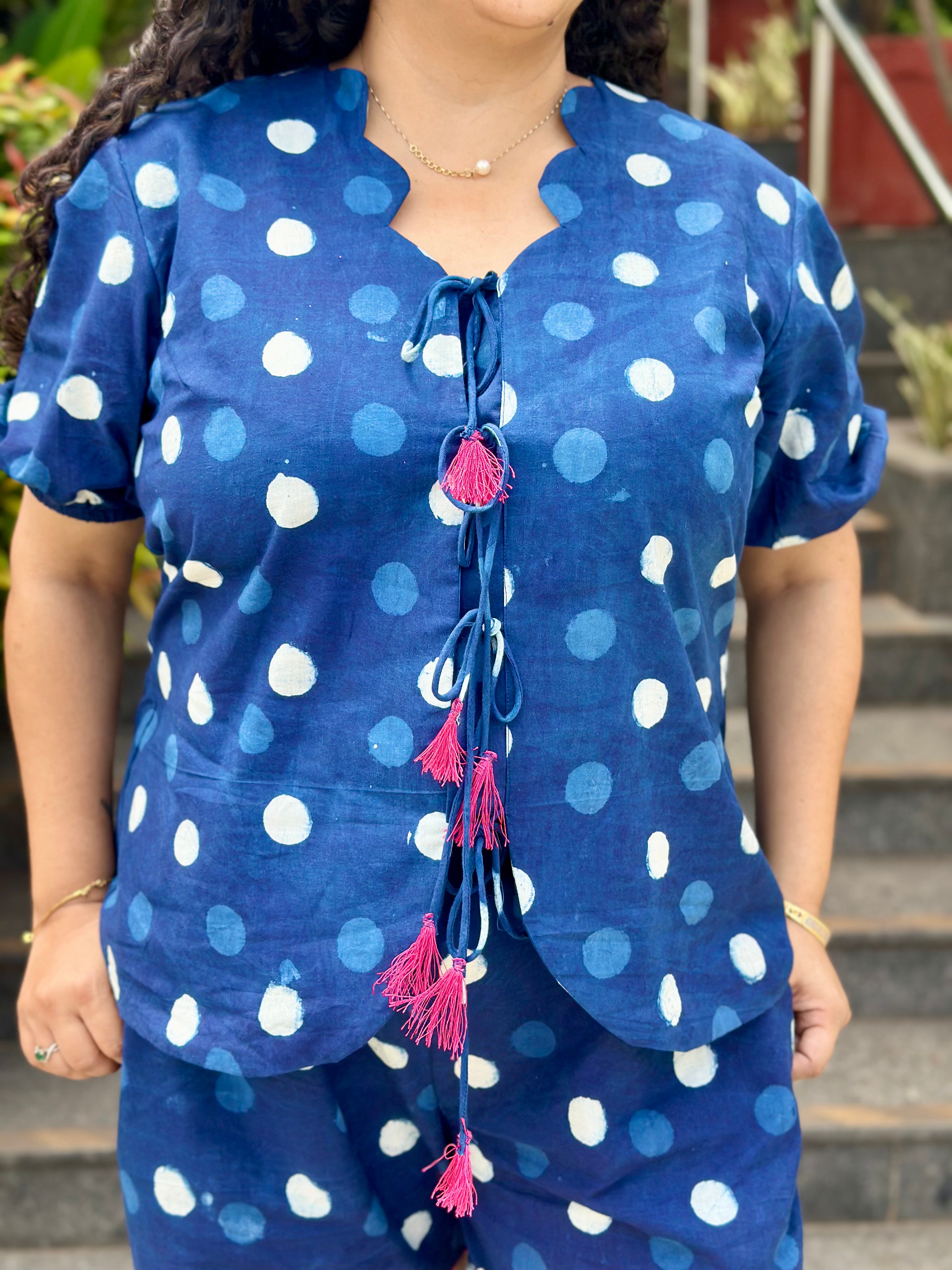 Dotty Bliss : Indigo Dabu Polka Dots Cotton Handblock Print Co-Ord Shorts Set