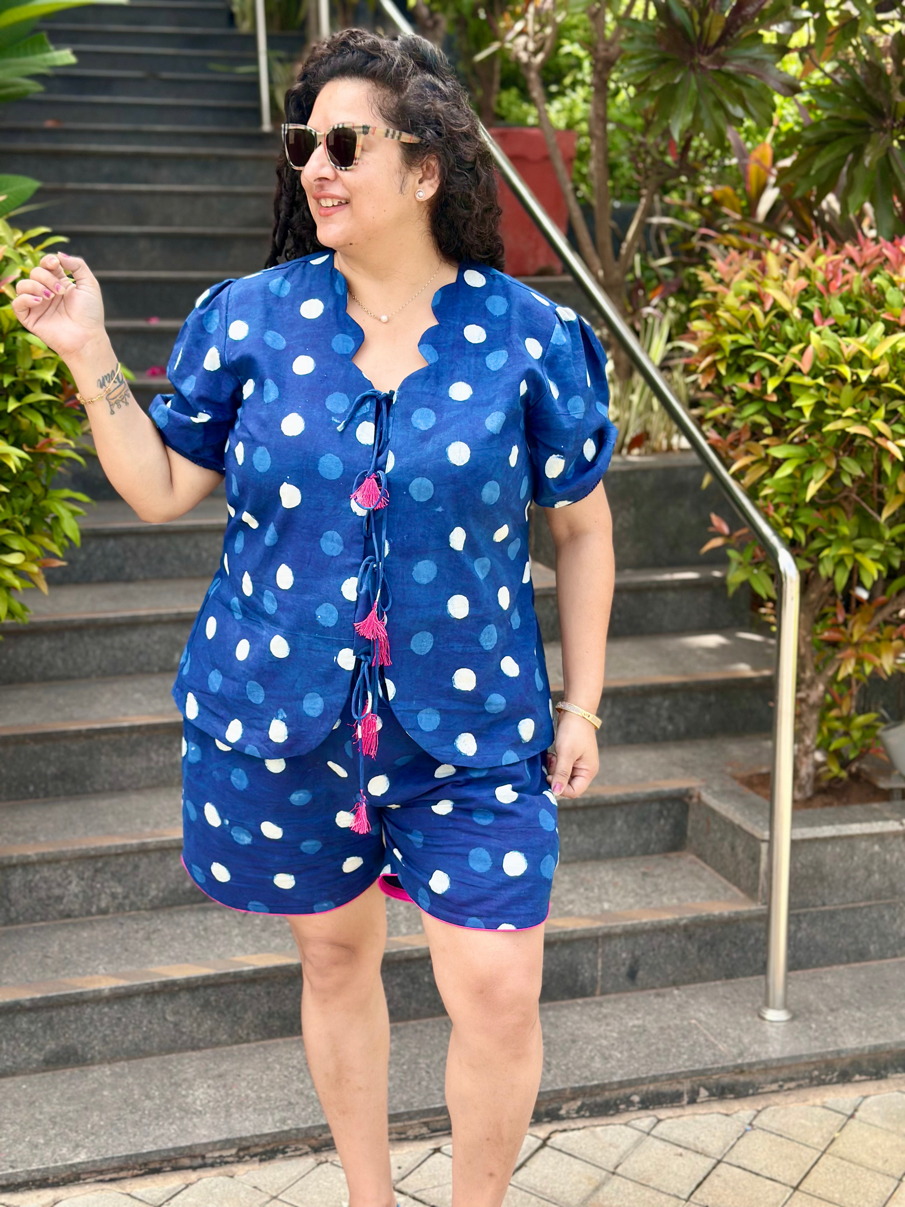 Dotty Bliss : Indigo Dabu Polka Dots Cotton Handblock Print Co-Ord Shorts Set