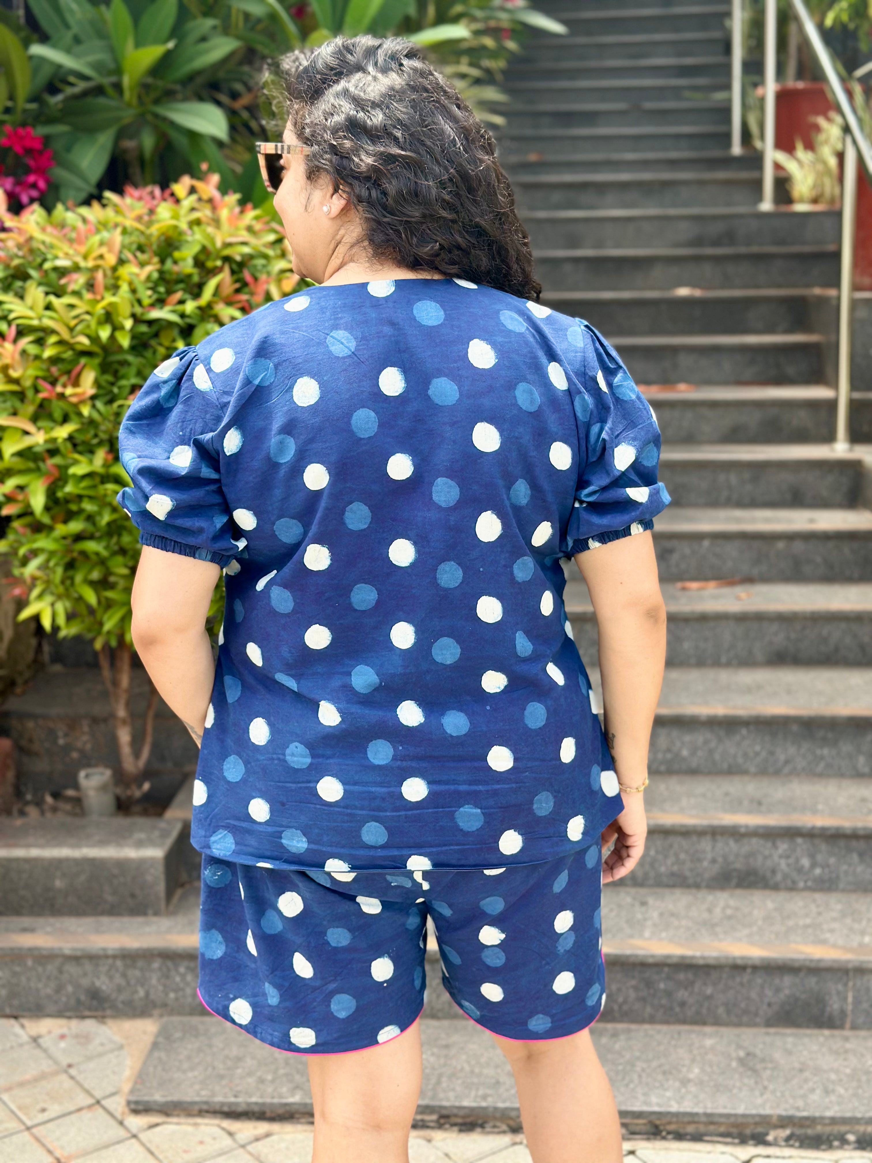 Dotty Bliss : Indigo Dabu Polka Dots Cotton Handblock Print Co-Ord Shorts Set