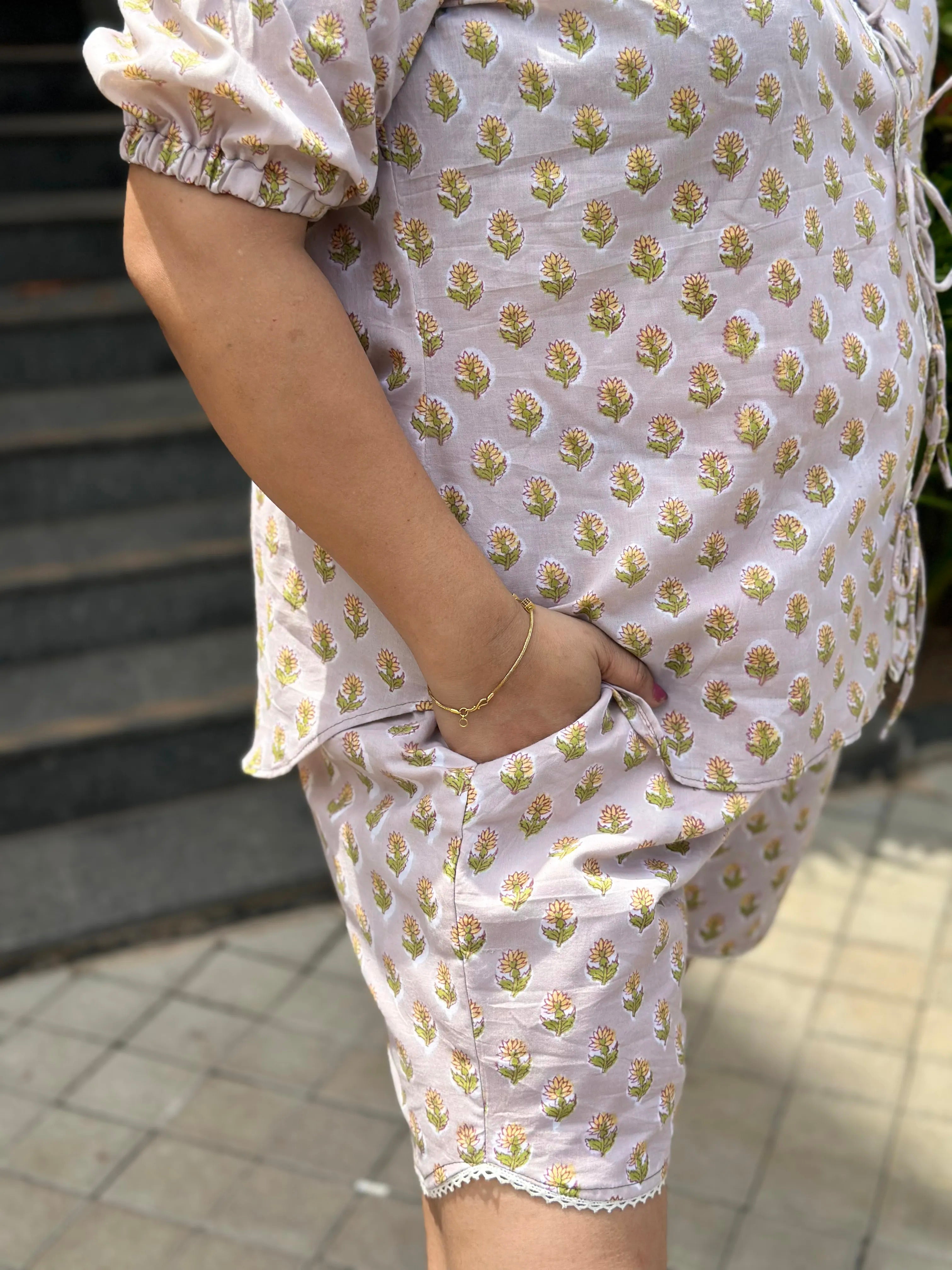 Beige Blossom- Beige Booti Sanganeri Handblock print Cotton Co-ord Set