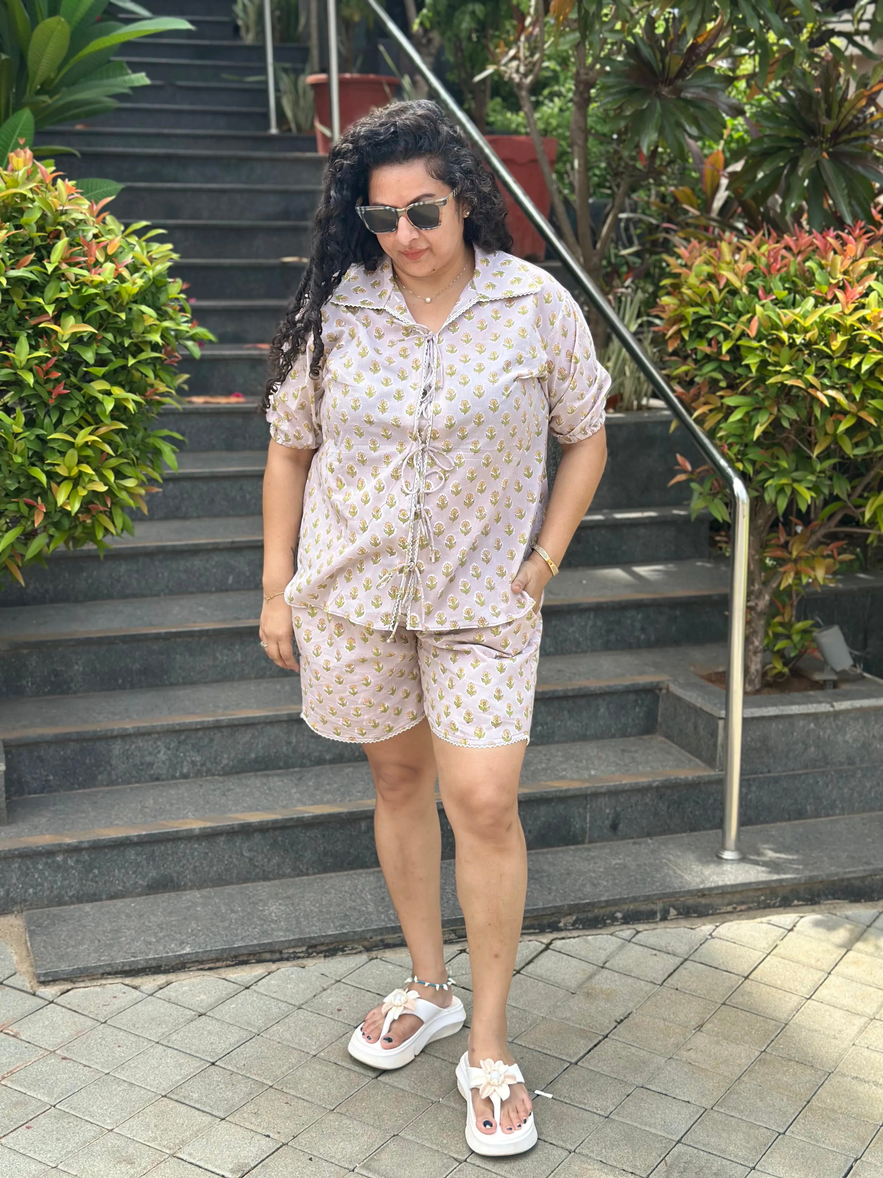 Beige Blossom- Beige Booti Sanganeri Handblock print Cotton Co-ord Set