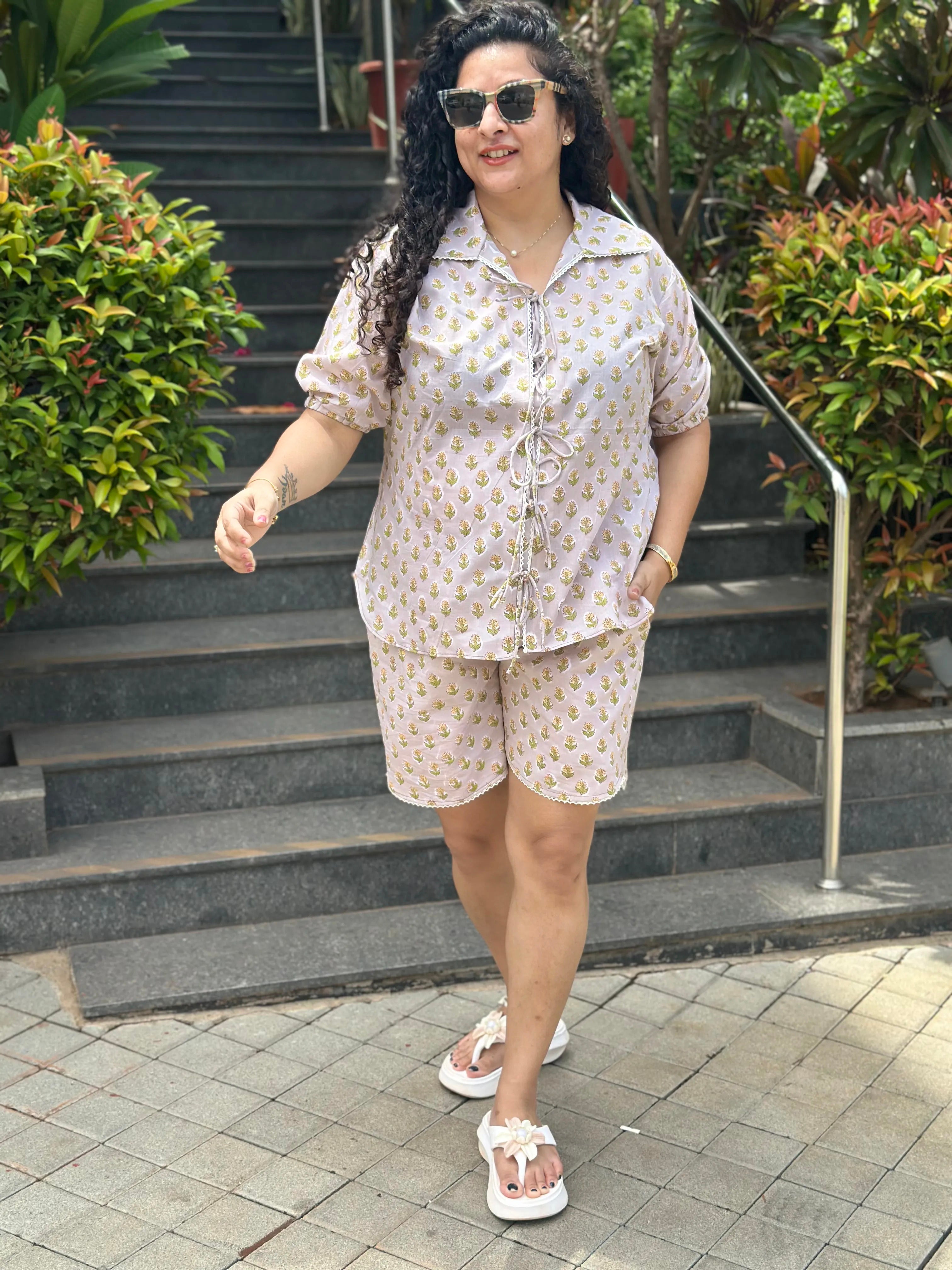 Beige Blossom- Beige Booti Sanganeri Handblock print Cotton Co-ord Set