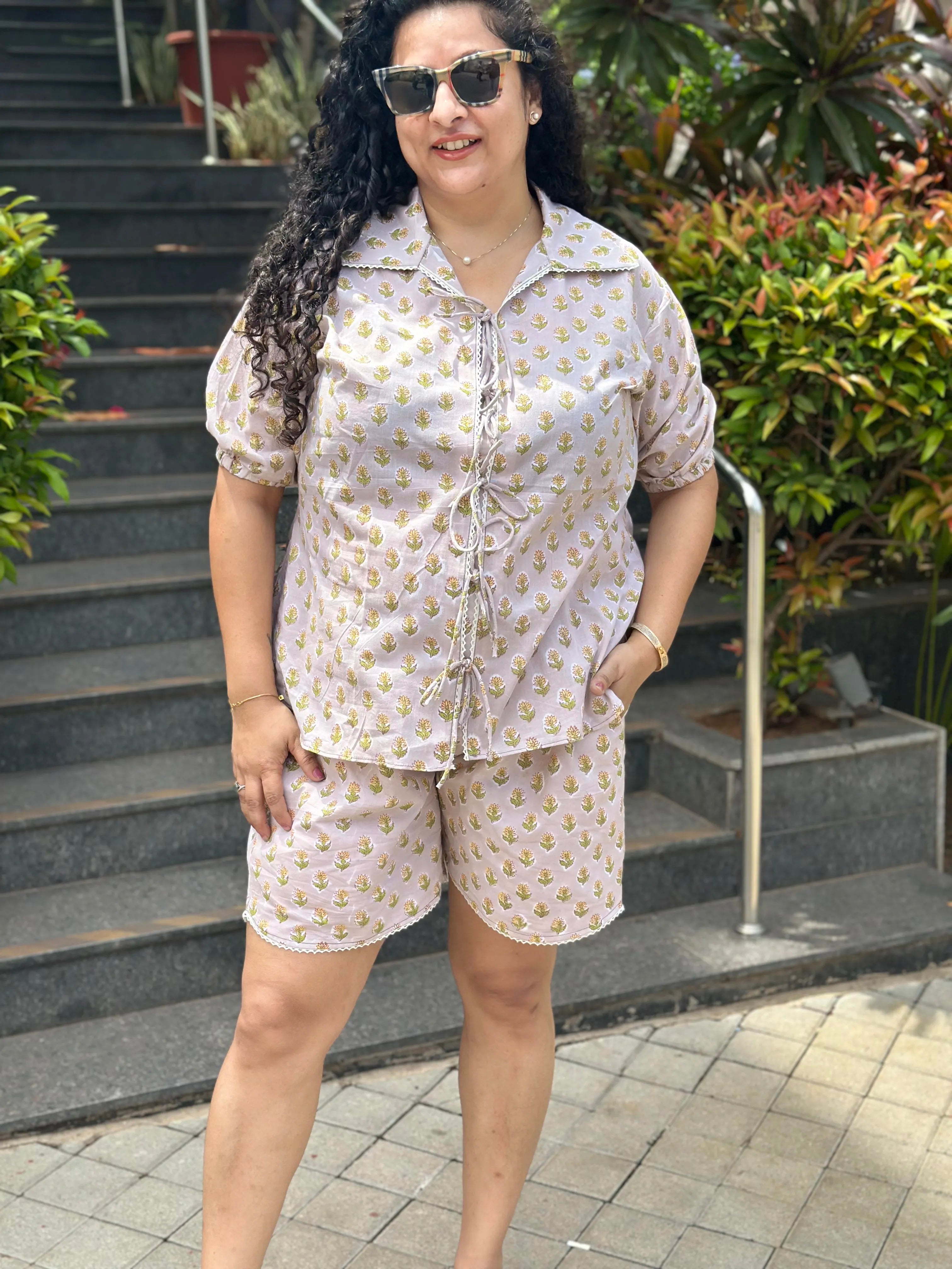 Beige Blossom- Beige Booti Sanganeri Handblock print Cotton Co-ord Set