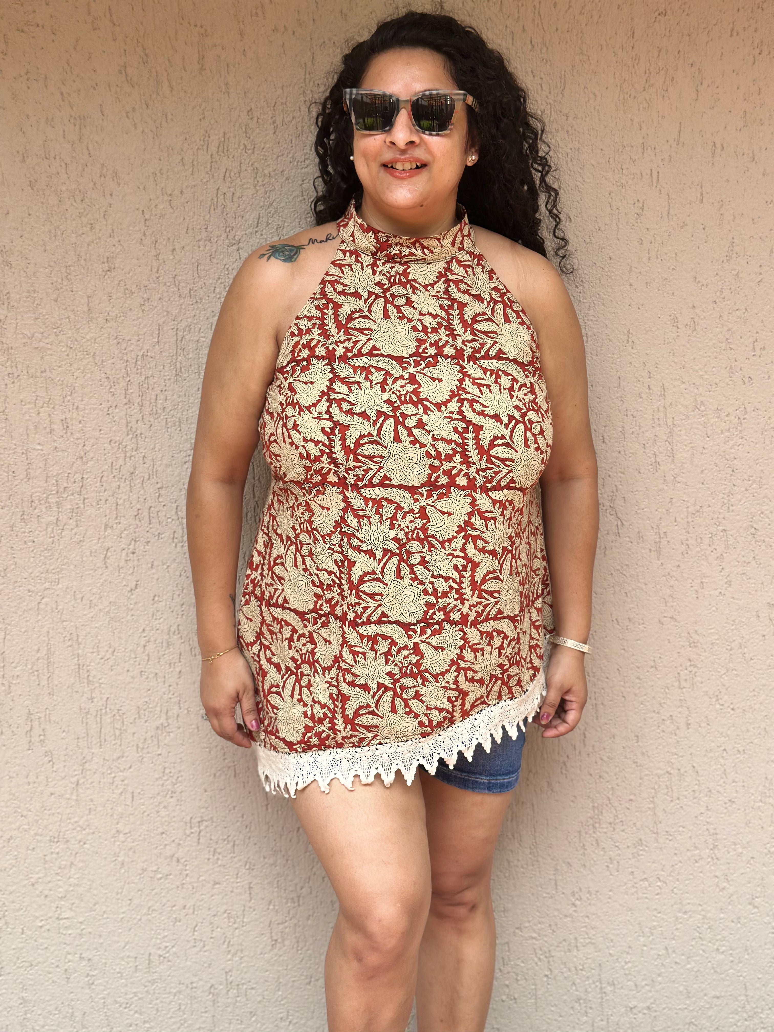 Lace & Loom - Red Bagru Handblock Print Cotton Halter Top
