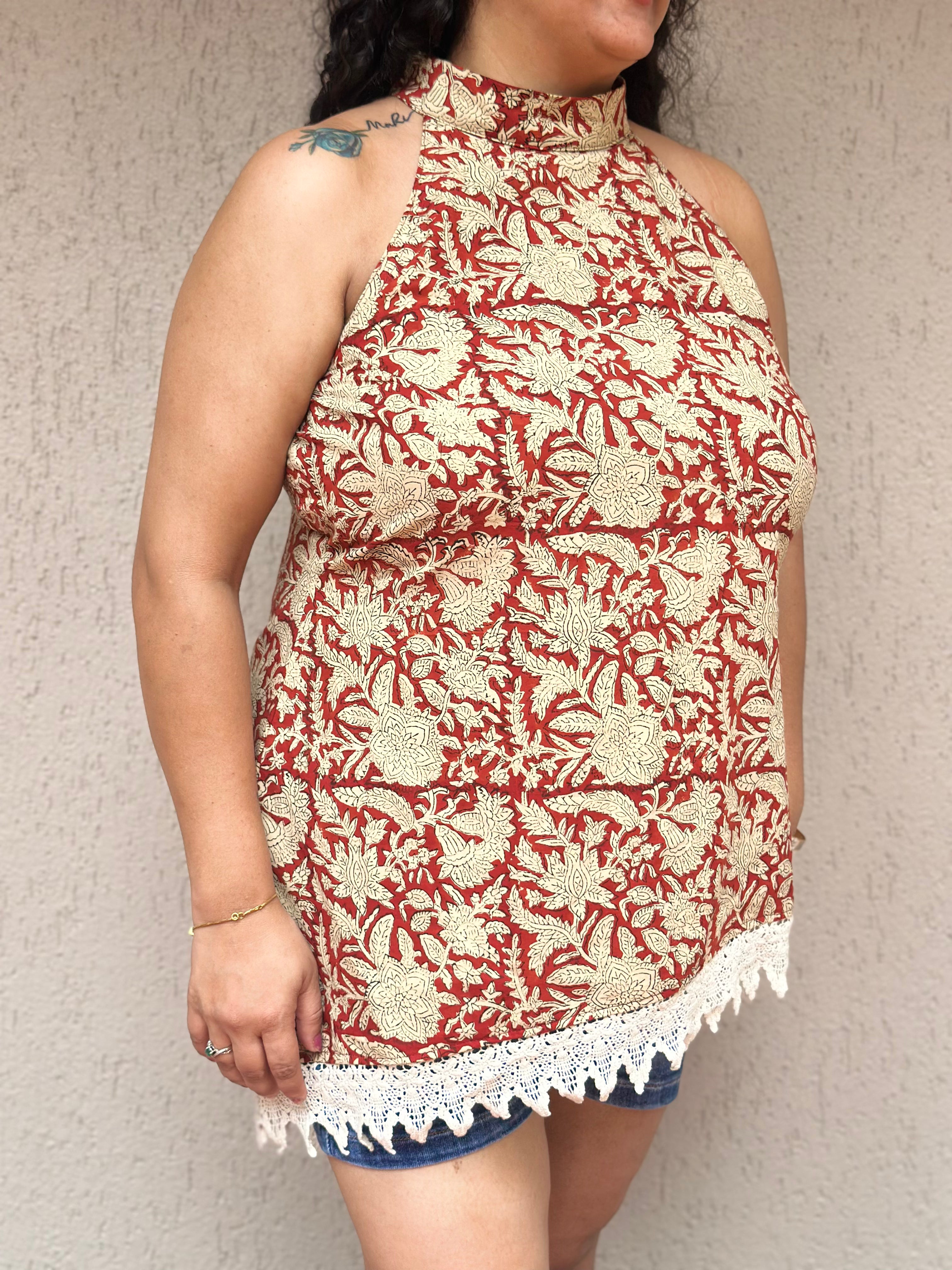 Lace & Loom - Red Bagru Handblock Print Cotton Halter Top