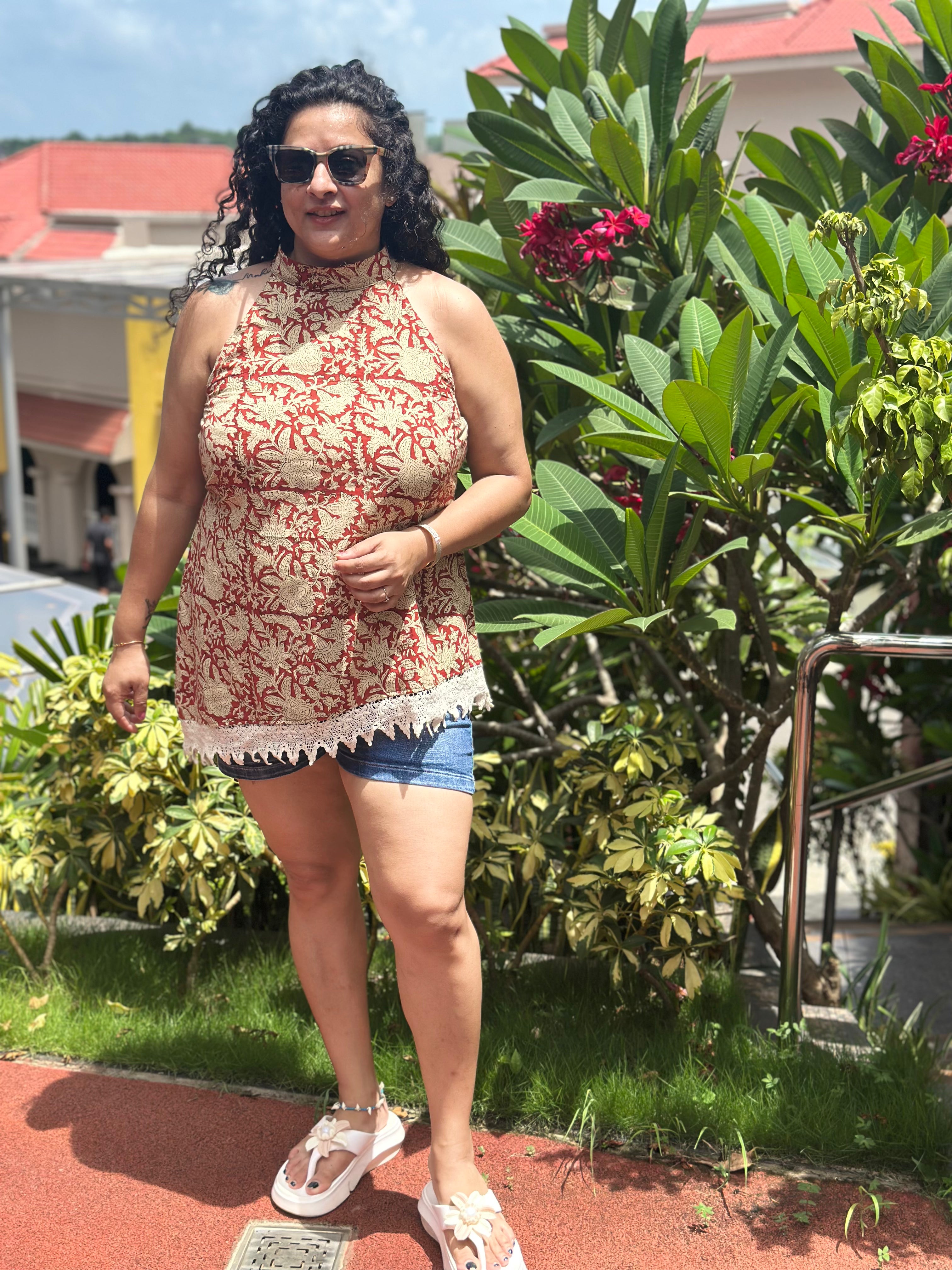 Lace & Loom - Red Bagru Handblock Print Cotton Halter Top