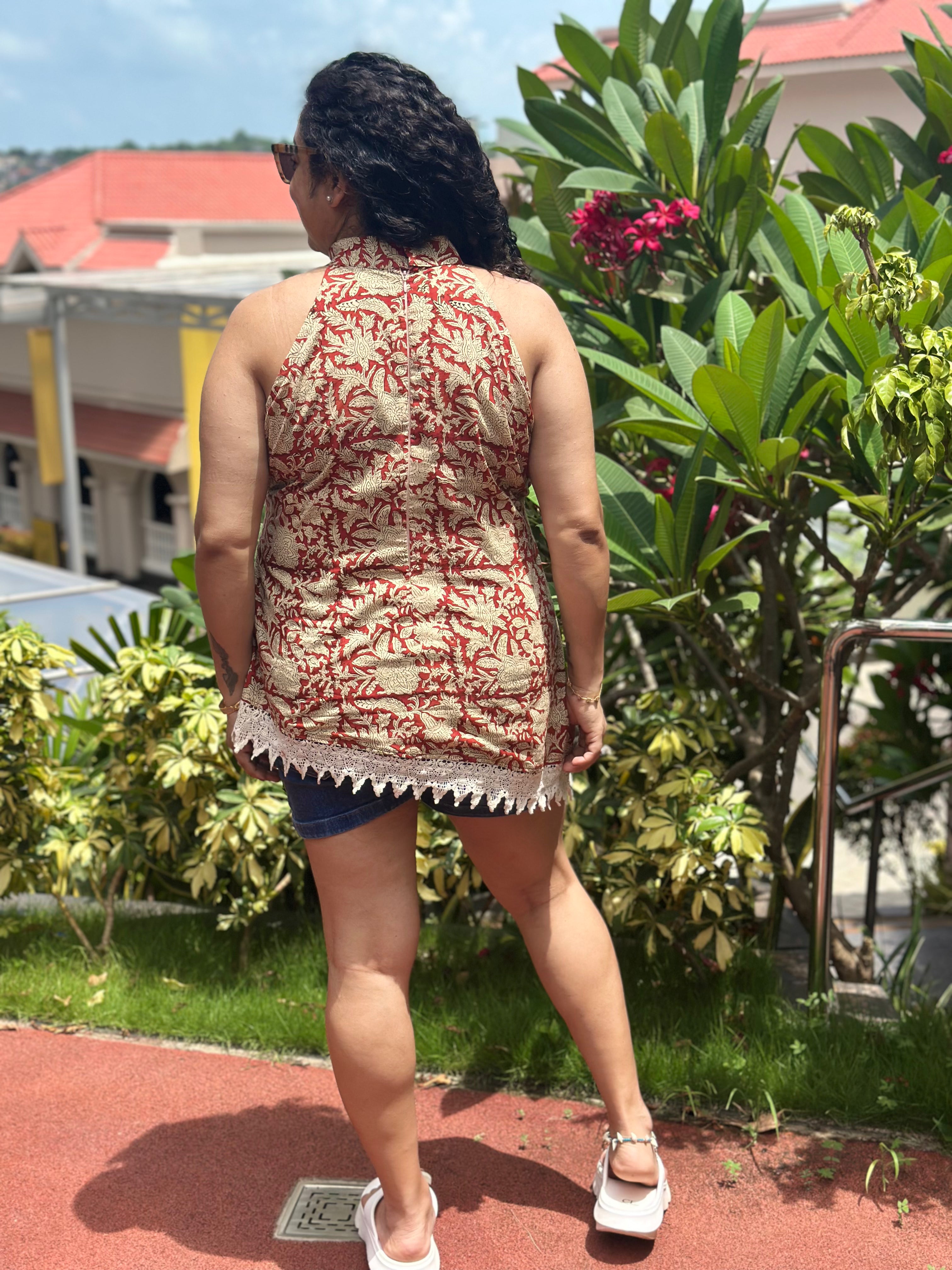 Lace & Loom - Red Bagru Handblock Print Cotton Halter Top